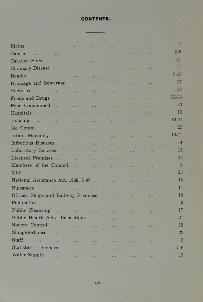CONTENTS Births ... ... ••• ••• ••• ••• ' Cancer ... ... ••• ••• ••• ••• 8-9 Caravan Sites ... ... • •• ••• ••• ••• Coronary Disease ... ... ••• ••• ••• 12 Deaths ... ... ••• ••• ••• ••• ••• 8-13 Drainage and Sewerage ... ... ... ••• 17 Factories ••• ... ... ••• ••• ••• 24 Foods and Drugs ... ... ... ... ••• ••• 22-23 Food Condemned ... ... ... ... ... ••• 23 Hospitals ... ... ... ... ... ••• 18 Housing ... ... ... ... ... ... ... 19-21 Ice Cream ... ... ... ... ... ... 23 Infant Mortality ... ... ... ... ... ••• 10-11 Infectious Diseases... ... ... ... ... ... 14 Laboratory Services ... ... ... ... 15 Licensed Premises ... ... ... ... ... ... 18 Members of the Council ... ... ... ... ... 3 Milk 23 National Assistance Act, 1968, S.47 ... ... ... ... 15 Nuisances ... ... ... ... ... ... 17 Offices, Shops and Railway Premises ... ... ... 18 Population ... ... ... ... ... ... 6 Public Cleansing ... ... ... ... ... ... 17 Public Health Acts—Inspections ... ... ... ... 21 Rodent Control ... ... ... ... ... ... 19 Slaughterhouses ... ... ... ... ... 22 Staff 3 Statistics — General ... ... ... ... ... 5-6 Water Supply ... ... ... ... ... ... 17