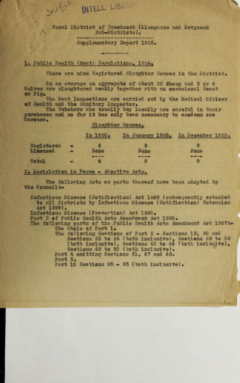 INT£LL UBf. , Rural District of Brecknock (LIangers© and Devynock Sub-Distri c ts) ♦ Supplementary Report 1925. 1 • iublic Health (Meat) Regulations* 1924* There are nine Registered Slaughter Houses in the District# On an average an aggregate of about 32 Sheep and 5 or 6 Calv«3 are slaughtered weekly together with an occasional Beast or Pig# The Heat Inspections are carried out by the Uedioal Officer of Health and the .‘Sanitary Inspector# The Butchers who usually buy locally are careful In their purchases and so far it has only been necessary to condemn one Ca.ro ass. Slaughter Houses# Registered Licensed fot«L In 192C# 6 Hone 6 In January 19£5# In ^eooraber 1925. 9 9 Done Hone 9 9 2# Legislation in Force - Adoptive Acts. The following Acts or parts thereof have been adopted by the Council Infectious Disease (Notification} Act lh69 (subsequently extended to all. districts by Infectious Disease (notification/ Extension Aot 1899). Infectious Disease (Prevention) Act 1690# Pert 3 of Public Health Acts Amendment Act 1890. The following parts of the Public Health Acts Amendment Act 1907:-* The whole of Part 1# The following Sections of Part 2 - factions 18, 2( and Sections 22 to 24 (both inclusive;, Sections 28 to 38 (both inclusive), Sections 43 to 46 (both inclusive), Sections 48 to 50 (both inclusive). Part 4 omitting Sections 61, 67 and 68* Part 5. Part 10 Sections 95 - 95 (both inclusive). (