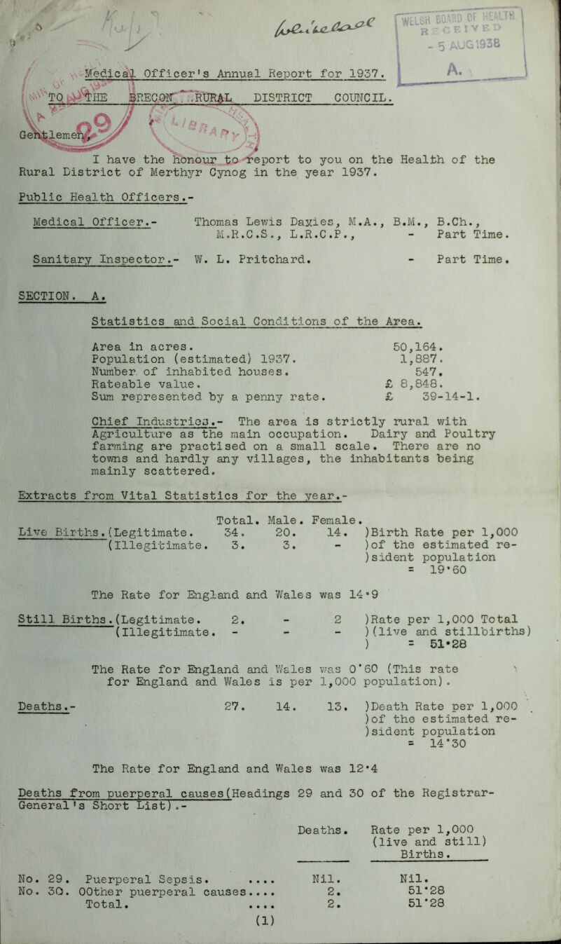 & ' < 1, 1 - 5 AUG 1938 Medical Officer’s Annual Report for 1957. I i^v A J TO ^'‘TIIE BREGQIT ' RTJR&L DISTRICT CODMCIL. A. 9J 4:7* » X-A ‘V- I have the honour to report to you on the Health of the Rural District of Merthyr Cynog in the year 1937. Public Health Officers.- Medical Officer.- Thomas Lewis Davies, M.A., B.M., B.Ch., M.R.C.S., L.R.C.P., - Part Time Sanitary Inspector.- W. L. Pritchard. Part Time SECTION. A. Statistics and Social Conditions of the Area. Area in acres. Population (estimated) 1937. Number of inhabited houses. Rateable value. Sum represented by a penny rate. 50,164. 1,887. 547. £ 8,848. £ 39-14-1. Chief Industries.- The area is strictly rural with Agriculture as the main occupation. Dairy and Poultry farming are practised on a small scale. There are no towns and hardly any villages, the inhabitants being mainly scattered. Extracts from Vital Statistics for the year.- Total. Male. Female. Live Births.(Legitimate. 34. 20. 14. )Birth Rate per 1,000 (Illegitimate. 3. 3. - )of the estimated re- sident population = 19’60 The Rate for England and Wales was 14*9 2 Still Births.(Legitimate. 2. (Illegitimate. )Rate per 1,000 Total )(live and stillbirths) ) = 51*28 The Rate for England and Wales for England and Wales is per was 0*60 (This rate 1,000 population). Deaths.- 27. 14. 13. )Death Rate per 1,000 )of the estimated re- sident population = 14*30 The Rate for England and Wales was 12*4 Deaths from puerperal causes(Headings 29 and 30 of the Registrar- Gene raT^S-^horFLisTTT^ Deaths. Rate per 1,000 (live and still) Births. No. 29. Puerperal Sepsis. .... Nil. No. 30. OOther puerperal causes.... 2. Total. .... 2. (1) Nil. 51*28 51*28