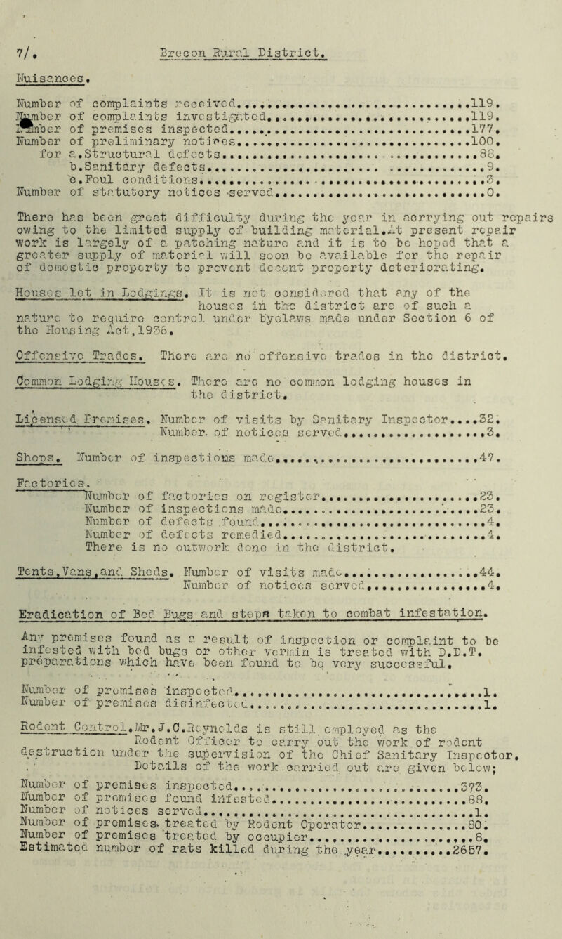 Nuisances• Number of complaints received.,,,. Timber of complaints investigated, ranber of premises inspected,,.,,. Number of preliminary not Decs,,. for a,Structural defects b. Sanitary defects,., c. Foul conditions. Number of statutory notices -served ..119. ,«••««••..,.«»*•.........,11~ » . 177. 100, . . . 88. 9. .8. 0. There has been great difficulty during the year in carrying out repairs owing to the limited supply of building material.At present repair work is largely of a patching nature and it is to be hoped that a greater supply of materiel will soon bo available for the repair of domestic property to prevent decent property deteriorating. Houses lot in Lodgings. It is not considered that any of the houses in the district arc of such a nature to require control under byelaws ma.de under Section 6 of the Ho using het, 19 36. Offensive Trades. There are no offensive trades in the district. Common Lodging Houses. There arc no common lodging houses in the district. i Licensed Premises. Number of visits by Sanitary Inspector...,32, Number, of notices served 3. Shops, Number of insp ect ions made 47. Factoric.g. ■ Number of factories on register 23. Number of inspections made...... '....,23. Number of defects found...... ,4. Number of defects remedied. .4. There is no outwork done in the district. Tents.Vans.and Sheds. Number of visits made,....., ...44, Number of notices served, .4. Eradication of Bed Bugs and, steps taken to combat infestation. Arrr premises found as a result of inspection or complaint to be infested .with bed bugs or other vermin is treated with D.D.T, preparations which have been found to be very successful. Number of premises inspected, 1. Number of premises disinfected.......... 1. Rodent Control.Mr.J.0.Reynolds is still employed as the Rodent Officer to carry out the work..of rodent destruction under the supervision of the Chief Sanitary Inspector, Details of the work.carried out are. given below; Number of premises inspected... ............ ,373. Number of promises found infested 88. Number of notices served,... ,1. Number of premises* treated by Rodent Operator .80. Number of premises treated by occupier..., ,..8. Estimated number of rats killed during the year.........,2657.