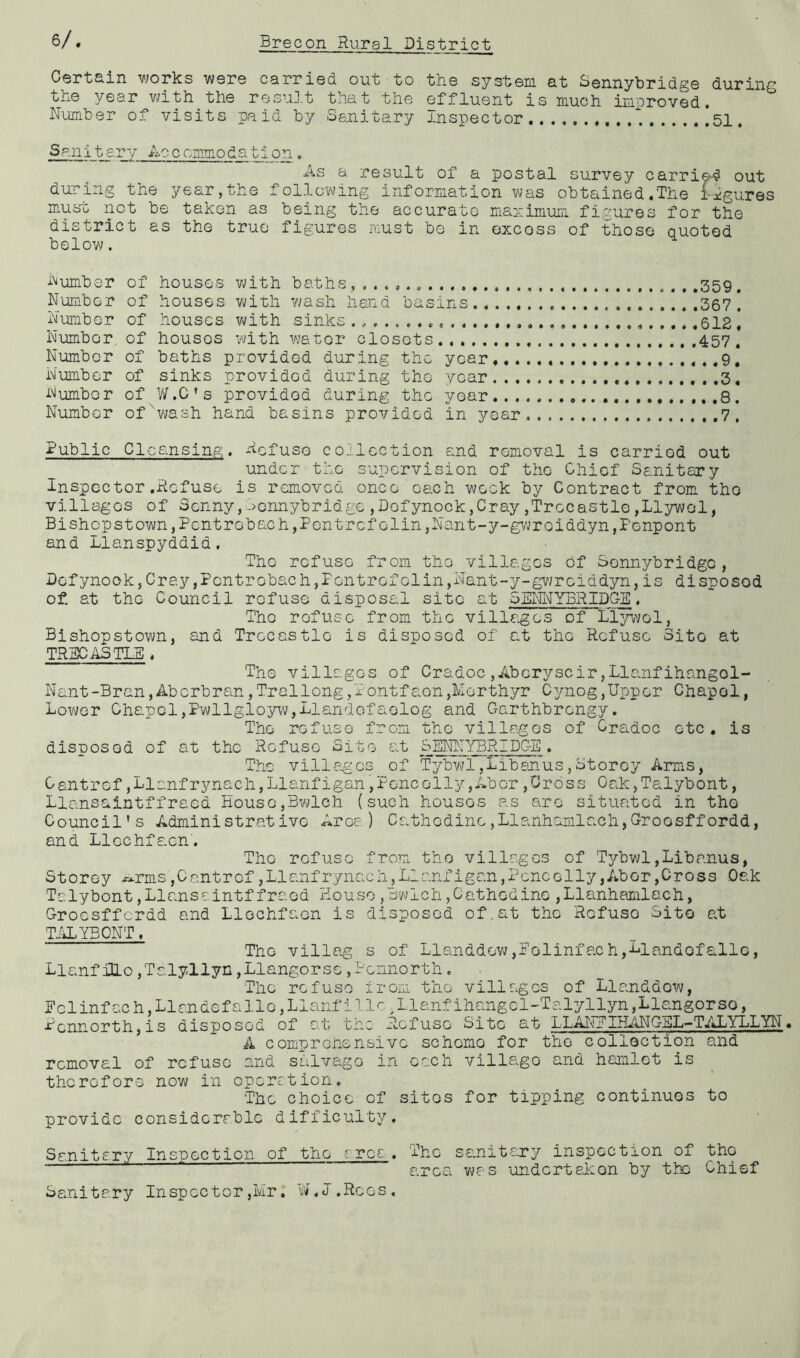 Certain works were carried, out to the system at Sannybridg© during the year with the result that the effluent is much improved. Number of visits paid by Sanitary inspector  51. Sanit ary Ac c ommoda 110n. As a result of a postal survey carried out during the year,the following information was obtained.The i-igures must not be taken as being the accurate maximum figures for the district as the true figures must be in excoss of those quoted below. Number of houses with baths, .359. Number of houses with wash hand basins 367. Number of houses with sinks 512 . Number of houses with water closets 457. Number of baths providc-d during the year 9. Number of sinks providGd during the year 3. Number of W.C’s provided during the year 8. Number of wash hand basins provided in year , , ,7, Public Cleansing. Refuse collection and removal is carriod out under the supervision of the Chief Sanitary inspector.Refuse is removed once each week by Contract from the villages of Sonny ,'->ennybridge ,Defynock,Cray ,Trocastle ,Llywol, Bishopstown,Pentrobach,Pentrefolin,Nant-y-gwroiddyn,Penpont and Llanspyddid. The refuse from the villages of Sennybridgo, Dofynook,Cray,Pentrobach,Fontrefolin,Nant-y-gwrciddyn,is disposod of. at the Council refuse disposal site at 5ENNYBRIDGE. Tho refuse from the villages of Llywol, Bishopstown, and Trocastlc is disposed of at the Refuse Site at TRECASTLE, Tho villages of Cradoc,Aberyscir,Llanfihangol- Nant-Bran,Aberbran,Trallong,Pontfaon,Merthyr Cynog,Upper Chapel, Lower Chapel,Pwllgloyw,Llandefaeiog and Garthbrongy. The refuse from tho villages of Cradoc etc. is disposed of at the Refuse Site at SENNYBRIDCE. Tho villages of Tybwl,Hiban us,Storey Arms, Oantref,Llanfrynach,Llanfigan,Poncolly,Abor,Cross Oak,Talybont, Llansaintffraed House,Bwlch (such houses as are situated in tho Council's Administrative Area) Cathodine,Llanhamlach,Groosffordd, and Llochfe.cn'. Tho refuse from tho villages of Tybwl,Libanus, Storey urns,Cantrof,Llanfrynach,Llanfigan,Pencoily,Abor,Cross Oak Talybont,Llansaintffraed House,Bwlch,Cathodine,Llanhamlach, Grocsffcrdd and Llechfaon is disposed of.at the Rcfuso Site at TALYBONT. Tho villag s of Llanddow,Folinfach,Llandofalle, Llanf illo ,Talyllyn, Llangor so ,Pcnnorth. The refuse Iron tho villages of Llanddow, Fclinfach,Llandofalie,Llanfillo;Llanfihangcl-Talyllyn,Llangorso, Pcnnorth,is disposod of at tho Refuse Site at LLAN?THANCEL-TALYLL YN« A comprohensivo schomo for tho collection and removal of refuse and salvago in each villago and hamlet is thcroforo now in operation, ‘The choice of sites for tipping continues to provide considerable difficulty. Sanitary Inspection of the area . The sanitary inspection of tho area was undertaken by the Chief Sanitary Inspector,Mr. W.J’.Rcos.