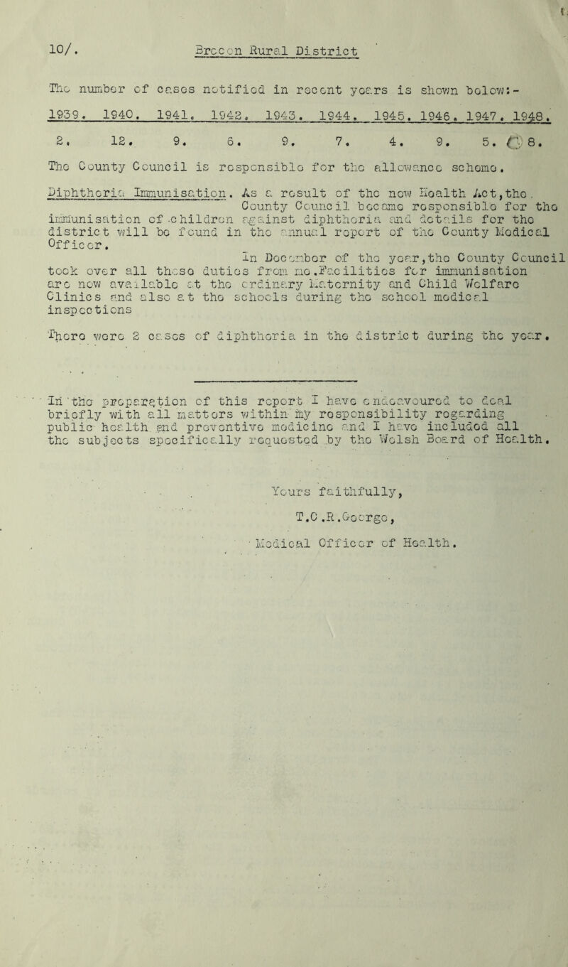 The number cf eases notified in recent yoars is shown bolov;:- 1959« 1940. 1941, 1942, 1943. 1944. 1945. 1946, 1947 . 1948. 2, 12. 9. 5. 9. 7, 4. 9. 5. £ 8. The County Council is responsible for the allowance scheme. Diphtheria Immunisation. As a result of the new Eoalth Act,the. County Council became responsible for the immunisation cf-children against diphtheria and details for the district will be found in the annual report of the County Medical Off ic or. in Doccnbor of the year,the County Council took over all theso duties from no•Facilities for immunisation are now available at the ordinary Maternity and Child Welfare Clinics and also at the schools during the school medical inspections There were 2 cases of diphtheria in the district during the year. In'the preparation cf this report I have endeavoured to deal briefly with all matters within'my responsibility regarding public health and preventive medicine and I have included all the subjects specifically requested by the Welsh Board of Health, Yours faithfully, T.C.R.George, Medical Officer of Health.