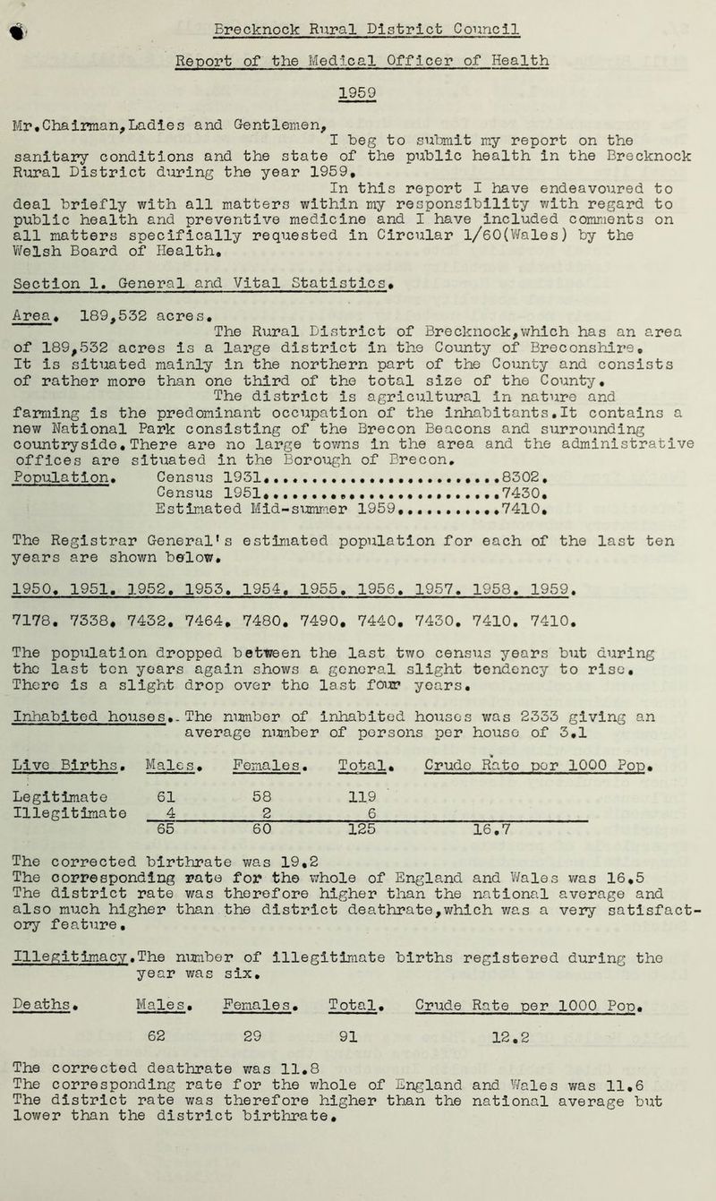 Report of the Medical Officer of Health 1959 Mr•Chairman,Ladies and Gentlemen, I beg to submit my report on the sanitary conditions and the state of the public health in the Brecknock Rural District during the year 1959, In this report I have endeavoured to deal briefly with all matters within my responsibility with regard to public health and preventive medicine and I have included comments on all matters specifically requested in Circular l/60(Vifales) by the Welsh Board of Health, Section 1. General and Vital Statistics, Area, 189,532 acres. The Rural District of Brecknock,which has an area of 189,532 acres is a large district in the County of Breconshire, It is situated mainly in the northern part of the County and consists of rather more than one third of the total size of the County, The district is agricultural in nature and farming is the predominant occupation of the inhabitants.lt contains a new National Park consisting of the Brecon Beacons and surrounding countryside.There are no large towns in the area and the administrative offices are situated in the Borough of Brecon. Population, Census 1931, •8302, Census 1951, 7430, Estimated Mid-summer 1959,,7410, The Registrar General's estimated population for each of the last ten years are shown below, 1950, 1951, 1952, 1955, 1954, 1955, 1956, 1957, 1958, 1959, 7178. 7338. 7432. 7464. 7480. 7490. 7440. 7430. 7410. 7410. The population dropped between the last two census years but during the last ten years again shows a general slight tendency to rise. There is a slight drop over the last four years. Inhabited houses,. The number of inhabited houses was 2333 giving an average number of persons per house of 3.1 Live Births. Males. Females. Total. * Crude Rato por 1000 Pop Legitimate 61 58 119 Illegitimate 4 2 6 65 60 125 16.7 The corrected birthrate was 19,2 The corresponding rate for the whole of England and Wales v/as 16,5 The district rate was therefore higher than the national average and also much higher than the district deathrate,which was a very satisfact ory feature. Illegitimacy.The number of illegitimate births registered during the year was six. Deaths» Males. Females. Total. Crude Rate per 1000 Pop. 62 29 91 12.2 The corrected deathrate was 11.8 The corresponding rate for the whole of England and Wales v/as 11.6 The district rate was therefore higher than the national average but lower than the district birthrate.