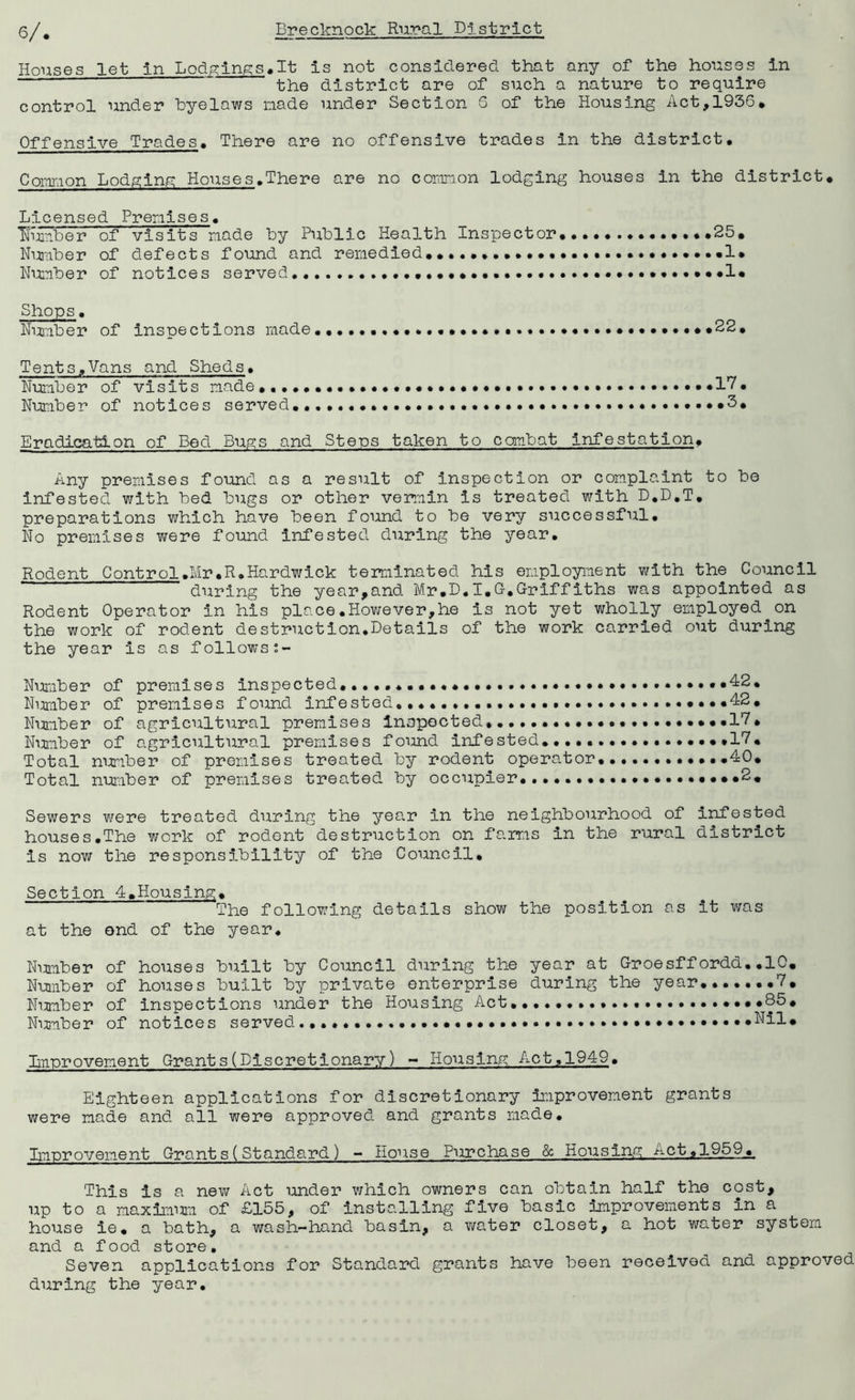 Houses let in Lodgings.It is not considered that any of the houses in the district are of such a nature to require control under byelaws nade under Section 6 of the Housing Act,1936* Offensive Trades. There are no offensive trades in the district. Common Lodging Houses.There are no common lodging houses in the district. Licensed Premises. lumber of visits made by Public Health Inspector.. ..25. Number of defects found and remedied.. ••••••1. Number of notices served.. Shops. Number of inspections made.. «•••••••«•• .22. Tents,Vans and Sheds. Number of visits made .17. Number of notices served...... ••••• *3* Eradication of Bed Bugs and Steps taken to combat infestation. Any premises found as a result of inspection or complaint to be infested with bed bugs or other vermin is treated with D.D.T, preparations which have been found to be very successful. No premises were found infested during the year. Rodent Control.Mr.R.Hardwick terminated his employment with the Council during the year,and Mr.D.I.G-.Griffiths was appointed as Rodent Operator in his place.However,he is not yet wholly employed on the work of rodent destruction.Details of the work carried out during the year is as follows Number of premises inspected. ......42. Number of premises found infested................ .42. Number of agricultural premises Inspected* ••••••••.••••••17. Number of agricultural premises found infested..... *17. Total number of premises treated by rodent operator 40. Total number of premises treated by occupier.......... Sewers were treated during the yean in the neighbourhood of infested houses.The work of rodent destruction on farms in the rural district is now the responsibility of the Council. Section 4.Housing;* The following details show the position as it was at the end of the year. Number of houses built by Council during the year at Groesffordd..10. Number of houses built by private enterprise during the year.. 7. Number of inspections under the Housing Act............ ...85. Nunber of notices served.... .Nil. Improvement Grants(Discretionary) - Housing Act,1949. Eighteen applications for discretionary improvement grants were made and all were approved and grants made. Improvement Grant s (Standard) - House Purchase & Housing Act,19_59^_ This is a new Act under which owners can obtain half the cost, up to a maximum of £155, of installing five basic improvements in a house ie. a bath, a wash-hand basin, a water closet, a hot water system and a food store. Seven applications for Standard grants have been received and approved during the year.