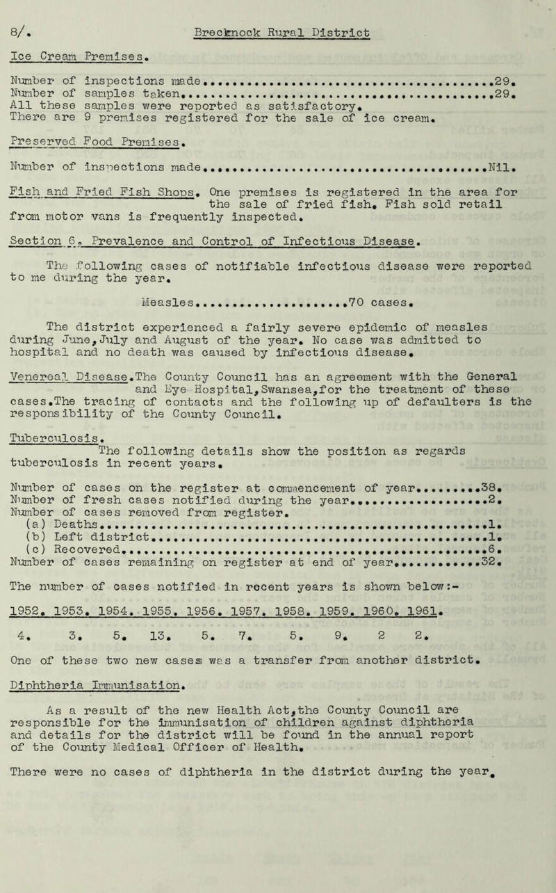 8/. Ice Cream Premises, Brecknock Rural District Number of inspections made........ 29. Number of samples taken ........29. All these samples were reported as satisfactory. There are 9 premises registered for the sale of ice cream. Preserved Food Premises• Number of inspections made..... .Nil. Fish and Fried Fish Shops. One premises is registered in the area for the sale of fried fish. Fish sold retail from motor vans is frequently inspected. Section G_. Prevalence and Control of Infections Disease. The following cases of notifiable infectious disease were reported to me during the year. Measles ......70 cases. The district experienced a fairly severe epidemic of measles during June,July and August of the year. No case was admitted to hospital and no death was caused by infectious disease. Venereal Disease.The County Council has an agreement with the General and Eye Hospital,Swansea,for the treatment of these cases.The tracing of contacts and the following up of defaulters is the responsibility of the County Council. Tuberculosis. The following details show the position as regards tuberculosis In recent years. Number of cases on the register at commencement of year.........38. Nianber of fresh cases notified during the year......... •••••2. Number of cases removed from register. (a) Deaths .1. (b) Left district (c) Recovered. Number of cases remaining on register at end of year............32. The number of cases notified in recent years is shown below 1952. 1955. 1954, 1955. 1956. 1957. 1958. 1959. I960. 1961. 4. 3. 5. 13. 5. 7. 5. 9. 2 2. One of these two new cases was a transfer from another district. Diphtheria Immunisation. As a result of the new Health Act,the County Council are responsible for the immunisation of children against diphtheria and details for the district will be found in the annual report of the County Medical Officer of Health. There were no cases of diphtheria in the district during the year#