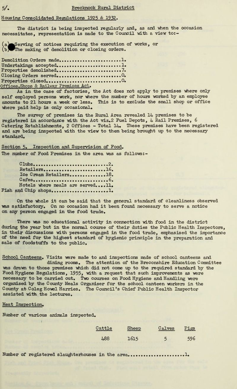 Housing Consolidated Regulations 1925 & 1932, The district is being inspected regularly and, as and when the occasion necessitates, representation is made to the Council vdth a view to:- (a^g^Serving of notices requiring the execution of works, or (b^Plhe making of demolition or closing orders. Demolition Orders made 1* Undertakings accepted. 1. Properties demolished 7* Closing Orders served. 0. Properties closed 0. Offices,Shoos & Railway Premises Act. As in the case of factories, the Act does not apply to premises -where only self employed persons work, nor where the number of hours worked by an employee amounts to 21 hours a week or less. This is to exclude the small shop or office vhere paid help is only occasional. The survey of premises in the Rural Area revealed 14 premises to be registered in accordance with the Act viz.2 Fuel Depots, 4 Rail Premises, 6 Catering Establishments, 2 Offices - Total 14* These premises have been registered and are being inspected vdth the view to them being brought up to the necessary standard. Section 5. Inspection and Supervision of Food. The number of Food Premises in the area was as follows Clubs 2. Retailers 16. Ice Cream Retailers..... 18. Cafes 6. Hotels where meals are served... .11. Fish and Chip shops. .1. On the vfoole it can be said that the general standard of cleanliness observed was satisfactory. On no occasion had it been found necessary to serve a notice on any person engaged in the food trade. There was no educational activity in connection with food in the district during the year but in the normal course of their duties the Public Health Inspectors, in their discussions with persons engaged in the food trade, emphasised the importance of the need for the highest standard of hygienic principle in the preparation and sale of foodstuffs to the public. School Canteens. Visits were made to and inspections made of school canteens and dining rooms. The attention of the Breconshire Education Committee was drawn to those premises which did not come up to the required standard by the Food Hygiene Regulations, 1955, with a request that such improvements as were necessary to be carried out. Two courses on Food Hygiene and Handling were organised by the County Meals Organiser for the school canteen workers in the County at Coleg Howel Harries. The Council's Chief Public Health Inspector assisted with the lectures. Meat Inspection. Number of various animals inspected. f Cattle Sheep Calves Pigs 488 1615 5 596