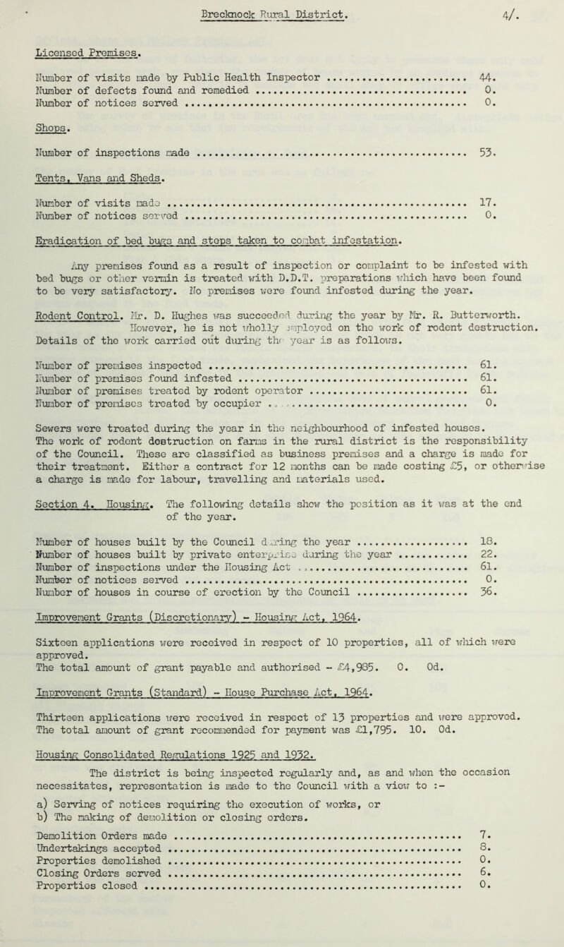 Licensed Premises. Number of visits made by Public Health Inspector 44. Number of defects found and remedied 0. Number of notices served 0. Shops. Number of inspections made 53. Tents. Vans and Sheds. Number of visits made 17. Number of notices served 0. Eradication of bed buses and steps taken to combat infestation. Any premises found as a result of inspection or complaint to be infested with bed bugs or other vermin is treated with D.D.T. preparations which have been found to be very satisfactory. No premises were found infested during the year. Rodent Control. Mr. D. Hughes was succeeded during the year by Mr. R. Butterworth. However, he is not wholly jmployed on the work of rodent destruction. Details of the work carried out during the year is as follows. Number of premises inspected 61. Number of premises found infested 61. Number of premises treated by rodent operator 61. Number of premises treated by occupier . „ . 0. Sewers were treated during the year in the neighbourhood of infested houses. The work of rodent destruction on farms in the rural district is the responsibility of the Council. These are classified as business premises and a charge is made for their treatment. Either a contract for 12 months can be made costing £5, or otherwise a charge is made for labour, travelling and materials used. Section 4. Housing. The following details show the position as it was at the end of the year. Number of houses built by the Council during the year 18. Number of houses built by private enterprise during the year 22. Number of inspections under the Housing Act 61. Number of notices served 0. Number of houses in course of erection by the Council 36. Improvement Grants (Discretionary) - Housing Act, 1964. Sixteen applications were received in respect of 10 properties, all of which were approved. The total amount of grant payable and authorised - £4,985. 0. Od. Improvement Grants (standard) - House Purchase Act, 1964. Thirteen applications were received in respect of 13 properties and were approved. The total amount of grant recommended for payment was £1,795. 10. Od. Housing Consolidated Regulations 1925 and 1932. The district is being inspected regularly and, as and when the occasion necessitates, representation is made to the Council with a viexr to a) Serving of notices requiring the execution of works, or b) The making of demolition or closing orders. Demolition Orders made 7. Undertakings accepted 8. Properties demolished 0, Closing Orders served 6. Properties closed 0.