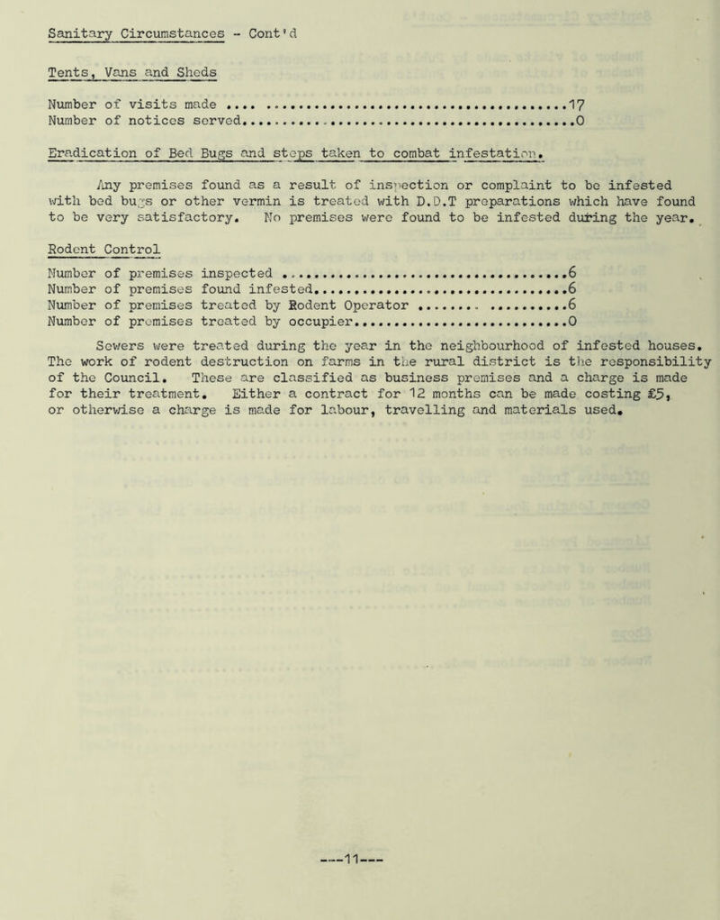 Tents, Vans and Sheds Number of visits made 17 Number of notices served 0 Eradication of Bed Bugs and stops taken to combat infestation. Any premises found as a result of inspection or complaint to be infested with bod bujs or other vermin is treated with D.D.T preparations v/hich have found to be very satisfactory* No premises were found to be infested during the year. Rodent Control Number of premises inspected 6 Number of premises found infested .,6 Number of premises treated by Eodent Operator 6 Number of premises treated by occupier, 0 Sev/ers were treated during the year in the neighbourhood of infested houses. The work of rodent destruction on farms in the rural district is the responsibility of the Council, These are classified as business premises and a charge is made for their treatment. Either a contract for 12 months can be made costing £5j or otherv;iso a charge is made for labour, travelling and materials used. _-_11 —