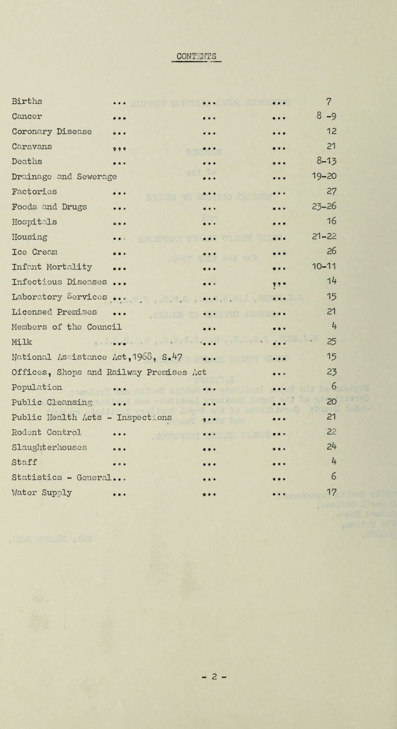 CONTENTS Births Cancer ... Coronary Disease ».. Caravans 9,, Deaths ... Drainage and Sewerage Factories ... Foods and Drugs Hospitals ... Housing ... Ice Cream .•. Infant Mortality ... Infectious Diseases ... Laboratory Services ... Licensed Premises ... Members of the Council Milk ... • -. Hational Assistance Act,1968, S.47 • Offices, Shops and Railway Premises Act Population ... . Public Cleansing ... . Public Health Acts - Inspections , Rodent Control ... . Slaughterhouses ... . Staff ... . Statistics - General... . Water Supply ... , 1 7 8 -9 12 21 8-13 19-20 27 23-26 16 21-22 26 10-11 14 15 21 4 25 15 23 6 20 21 22 24 4 6 17