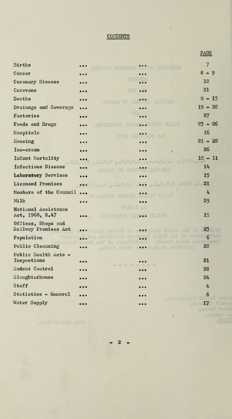 CONTENTS Births Cancer Coronary Disease Caravans Deaths Drainage and Sewerage Factories Foods and Drugs Hospitals Housing Ice-cream Infant Mortality Infectious Disease Laboratory Services Licensed Premises Members of the Council Milk National Assistance Act, 1968, S.47 Offices, Shops and Railway Fremises Act Population Public Cleansing Public Health Acts - Inspections Rodent Control Slaughterhouse Staff Statistics - General Water Supply PAGE 7 8-9 12 21 8-13 19 - 20 27 23 - 26 16 21 - 22 26 10 - 11 14 15 21 4 25 15 23 6 20 21 22 24 4 6 17