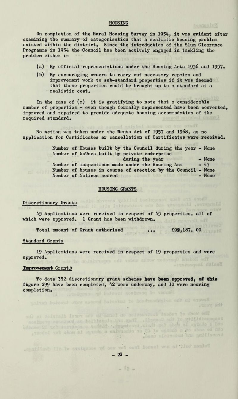 HOUSING On completion of the Rural Housing Survey in 1954, it wa9 evident after examining the summary of categorisation that a realistic housing problem existed within the district. Since the introduction of the Slum Clearance Programme in 1954 the Council has been actively engaged in tackling the problem either (a) By official representations under the Housing Acts 1936 and 1957* (b) By encouraging owners to carry out necessary repairs and improvement work to sub-standard properties if it was deemed that these properties could be brought up to a standard at a realistic cost. In the case of (a) it is gratifying to note that a considerable number of properties - even though formally represented have been converted, improved and repaired to provide adequate housing accommodation of the required standard. No fiction was taken under the Rents Act of 1957 and 1968, as no application for Certificates er cancellation of Certificates were received. Number of Houses built by the Council during the year - None Number of houses built by private enterprise during the year - None Number of inspections made under the Housing Act - 47 Number of houses in course of erection by the Council - None Number of Notices served - None HOUSING GRANTS Discretionary Grants 45 Applications were received in respect of 45 properties, all of which were approved. 1 Grant has been withdrawn. Total amount of Grant authorised ... £93,187. 00 Standard Grants 19 Applications were received in respect of 19 properties and were approved, lagprpvteeaept Grants To date 352 discretionary grant schemes have been approved, of thia figure 299 have been completed, 42 were underway, and 10 were nearing completion.