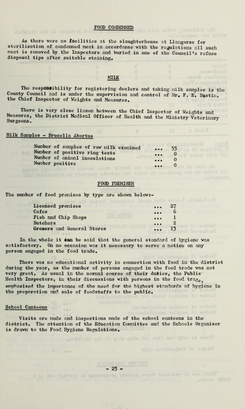 FOOD CONDEMNED As there were no facilities at the slaughterhouse at Llangorse for sterilisation of condemned meat in accordance with the regulations all such meat is removed hy the Inspectors and buried in one of the Council's refuse disposal tips after suitable staining. MILK The responsibility for registering dealers and taking milk samples is the County Council and is under the supervision and control of Mr, F. E. Bastin. the Chief Inspector of Weights and Measures, There is very close liason between the Chief Inspector of Weights and Measures, the District Medical Officer of Health and the Ministry Veterinary Surgeons. J Milk Samples — Brucella Abortus Number of samples of raw milk examined ... 55 Number of positive ring tests ... 0 Number of animal inoculations ### 0 Number positive 0 FOOD PREMISES The number of food premises by type are shown belowj- Licensed premises ... 27 Cafes ... 6 Fish and Chip Shops ... 1 Butchers ... 2 Grocers and General Stores ... 13 In the whole it «an be said that the general standard of hygiene was satisfactory. On no occasion was it necessary to serve a notice on any person engaged in the food trade. There was no educational activity in connection with food in the district during the year, as the number of persons engaged in the food trade was not very great. As usual in the normal course of their duties, the Public' Health Inspectors, in their discussions with persons in the food tra^^ emphasised the importance of the need for the highest standards of hygiene in the preparation and sale of foodstuffs to the public. School Canteens Visits are made and inspections made of the school canteens in the district. The attention of the Education Committee and the Schools Organiser is drawn to the Food Hygiene Regulations.