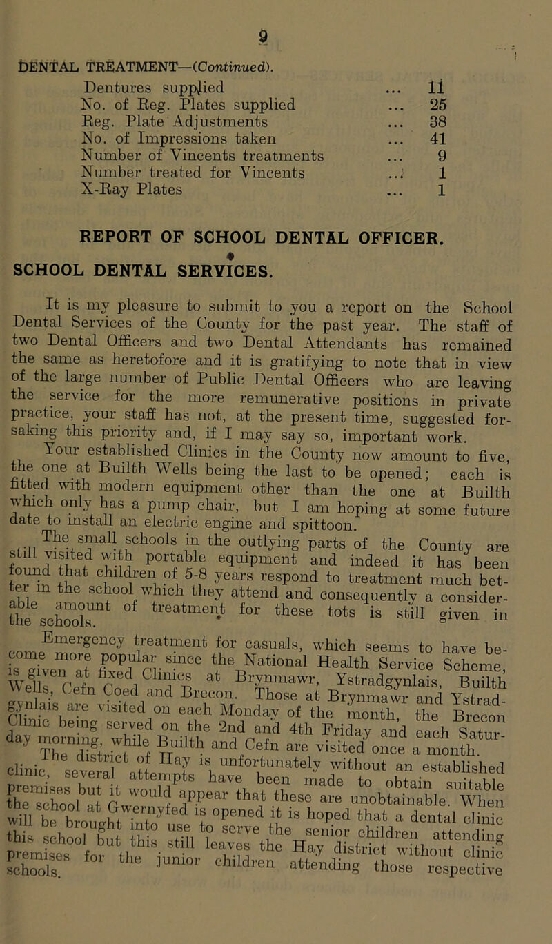 DENTAL TREATMENT—(Continued). Dentures supplied ... ll No. of Reg. Plates supplied ... 25 Reg. Plate Adjustments ... 38 No. of Impressions taken ... 41 Number of Vincents treatments ... 9 Number treated for Vincents ... 1 X-Ray Plates ... 1 REPORT OF SCHOOL DENTAL OFFICER. ♦ SCHOOL DENTAL SERYICES. It is my pleasure to submit to you a report on the School Dental Services of the County for the past year. The staff of two Dental Officers and two Dental Attendants has remained the same as heretofore and it is gratifying to note that in view of the large number of Public Dental Officers who are leaving the service for the more remunerative positions in private piactice, your staff has not, at the present time, suggested for- saking this priority and, if I may say so, important work. Your established Clinics in the County now amount to five, the one at Builth Wells being the last to be opened; each is fitted with modern equipment other than the one at Builth v hich only has a pump chair, but I am hoping at some future date to install an electric engine and spittoon. •fill The,sman schools in the outlying parts of the County are still visited with portable equipment and indeed it has been f C)11C rei! of1 5;,8 years respond to treatment much bet- tei in the school which they attend and consequently a consider- the schoolsUn treatmen*t f°r these tots * still given in treatment for casuals, which seems to have be- is ffilen at h\°PWUr SmCe t,he13Nati0nal Health Service Scheme, WCC rf hf i 1]i1Co at Br.ynmawr, Ystradgynlais, Builth A ells, Cefn Coed and Brecon. Those at Brynmawr and Ystrad CIinffiSh?e V1Slted/n ea°h Monday of the month, the Brecon Clime be ng served on the 2nd and 4th Friday and each Satur day morning while Builth and Cefn are visite/once a month clinic sevemlCfcnft 1S. ^fortunately without an established premised bu it wo K haV?n bee? made to obtail1 suitable Sin -- KS )U ' Chlldren “Mending those respective