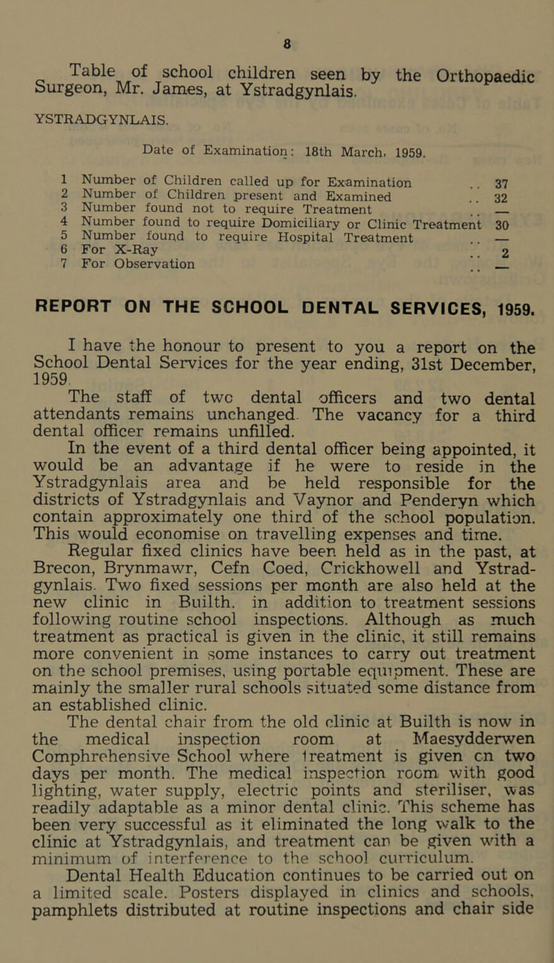 Table of school children seen by the Orthopaedic Surgeon, Mr. James, at Ystradgynlais. YSTRADGYNLAIS. Date of Examination: 18th March, 1959. 1 Number of Children called up for Examination .. 37 2 Number of Children present and Examined ’. 32 3 Number found not to require Treatment 4 Number found to require Domiciliary or Clinic Treatment 30 5 Number found to require Hospital Treatment .. — 6 For X-Ray 2 7 For Observation REPORT ON THE SCHOOL DENTAL SERVICES, 1959. I have the honour to present to you a report on the School Dental Services for the year ending, 31st December, 1959 The staff of two dental officers and two dental attendants remains unchanged. The vacancy for a third dental officer remains unfilled. In the event of a third dental officer being appointed, it would be an advantage if he were to reside in the Ystradgynlais area and be held responsible for the districts of Ystradgynlais and Vaynor and Penderyn which contain approximately one third of the school population. This would economise on travelling expenses and time. Regular fixed clinics have been held as in the past, at Brecon, Brynmawr, Cefn Coed, Crickhowell and Ystrad- gynlais. Two fixed sessions per month are also held at the new clinic in Builth. in addition to treatment sessions following routine school inspections. Although as much treatment as practical is given in the clinic, it still remains more convenient in some instances to carry out treatment on the school premises, using portable equipment. These are mainly the smaller rural schools situated some distance from an established clinic. The dental chair from the old clinic at Builth is now in the medical inspection room at Maesvdderwen Comphrehensive School where Ireatment is given cn two days per month. The medical inspection room with good lighting, water supply, electric points and steriliser, was readily adaptable as a minor dental clinic. This scheme has been very successful as it eliminated the long walk to the clinic at Ystradgynlais, and treatment can be .given wdth a minimum of interference to the school curriculum. Dental Health Education continues to be carried out on a limited scale. Posters displayed in clinics and schools, pamphlets distributed at routine inspections and chair side