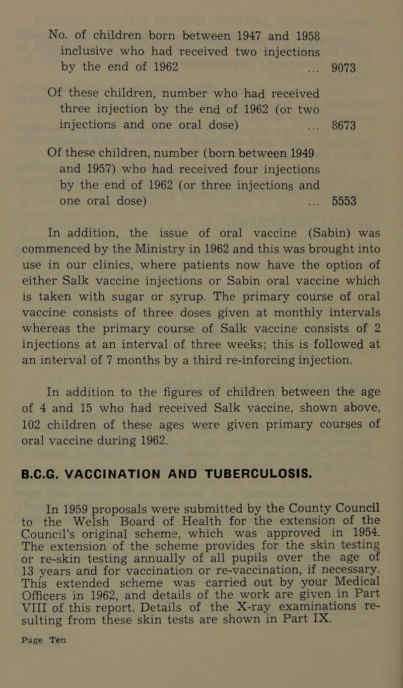 inclusive who had received two injections by the end of 1962 9073 Of these children, number who had received three injection by the end of 1962 (or two injections and one oral dose) 8673 Of these children, number (born between 1949 and 1957) who had received four injections by the end of 1962 (or three injections and one oral dose) 5553 In addition, the issue of oral vaccine (Sabin) was commenced by the Ministry in 1962 and this was brought into use in our clinics, where patients now have the option of either Salk vaccine injections or Sabin oral vaccine which is taken with sugar or syrup. The primary course of oral vaccine consists of three doses given at monthly intervals whereas the primary course of Salk vaccine consists of 2 injections at an interval of three weeks; this is followed at an interval of 7 months by a third re-inforcing injection. In addition to the figures of children between the age of 4 and 15 who had received Salk vaccine, shown above, 102 children of these ages were given primary courses of oral vaccine during 1962. B.C.G. VACCINATION AND TUBERCULOSIS. In 1959 proposals were submitted by the County Council to the Welsh Board of Health for the extension of the Council’s original scheme, which was approved in 1954. The extension of the scheme provides for the skin testing or re-skin testing annually of all pupils over the age of 13 years and for vaccination or re-vaccination, if necessary. This extended scheme was carried out by your Medical Officers in 1962, and details of the work are given in Part VIII of this report. Details of the X-ray examinations re- sulting from these skin tests are shown in Part IX.