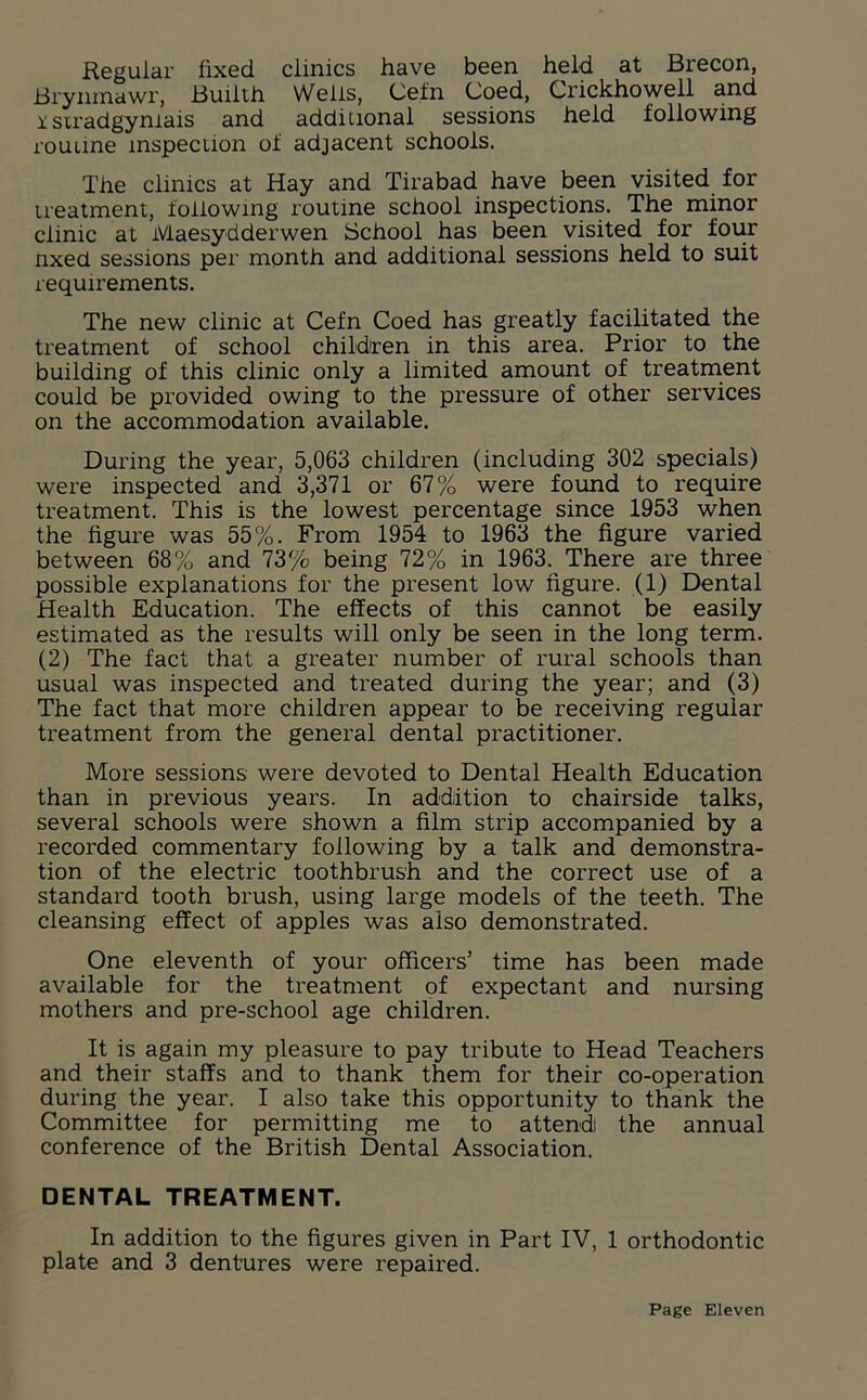 Regular fixed clinics have been held at Brecon, Brynmawr, Builth Wells, Cefn Coed, Crickhowell and i siradgyniais and additional sessions held following routine inspection of adjacent schools. The clinics at Hay and Tirabad have been visited for treatment, following routine school inspections. The minor clinic at Maesydderwen School has been visited for four nxed sessions per month and additional sessions held to suit requirements. The new clinic at Cefn Coed has greatly facilitated the treatment of school children in this area. Prior to the building of this clinic only a limited amount of treatment could be provided owing to the pressure of other services on the accommodation available. During the year, 5,063 children (including 302 specials) were inspected and 3,371 or 67% were found to require treatment. This is the lowest percentage since 1953 when the figure was 55%. From 1954 to 1963 the figure varied between 68% and 73% being 72% in 1963. There are three possible explanations for the present low figure. (1) Dental Health Education. The effects of this cannot be easily estimated as the results will only be seen in the long term. (2) The fact that a greater number of rural schools than usual was inspected and treated during the year; and (3) The fact that more children appear to be receiving regular treatment from the general dental practitioner. More sessions were devoted to Dental Health Education than in previous years. In addition to chairside talks, several schools were shown a film strip accompanied by a recorded commentary following by a talk and demonstra- tion of the electric toothbrush and the correct use of a standard tooth brush, using large models of the teeth. The cleansing effect of apples was also demonstrated. One eleventh of your officers’ time has been made available for the treatment of expectant and nursing mothers and pre-school age children. It is again my pleasure to pay tribute to Head Teachers and their staffs and to thank them for their co-operation during the year. I also take this opportunity to thank the Committee for permitting me to attend the annual conference of the British Dental Association. DENTAL TREATMENT. In addition to the figures given in Part IV, 1 orthodontic plate and 3 dentures were repaired.