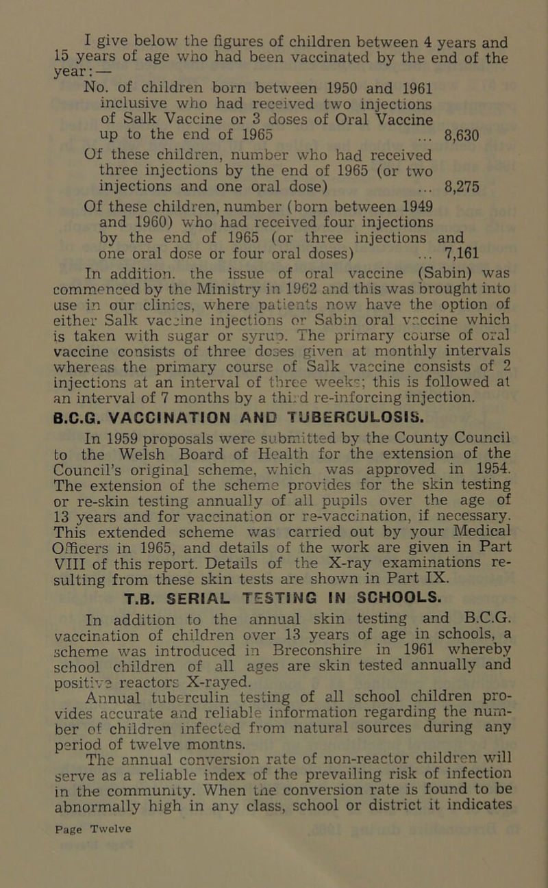 I give below the figures of children between 4 years and 15 years of age who had been vaccinated by the end of the year:— No. of children born between 1950 and 1961 inclusive who had received two injections of Salk Vaccine or 3 doses of Oral Vaccine up to the end of 1965 ... 8,630 Of these children, number who had received three injections by the end of 1965 (or two injections and one oral dose) ... 8,275 Of these children, number (born between 1949 and 1960) who had received four injections by the end of 1965 (or three injections and one oral dose or four oral doses) ... 7,161 In addition, the issue of oral vaccine (Sabin) was commenced by the Ministry in 1962 and this was brought into use in our clinics, where patients now have the option of either Salk vaccine injections or Sabin oral vaccine which is taken with sugar or syrup. The primary course of oral vaccine consists of three doses given at monthly intervals whereas the primary course of Salk vaccine consists of 2 injections at an interval of three weeks; this is followed at an interval of 7 months by a third re-inforcing injection. B.C.G. VACCINATION AND TUBERCULOSIS. In 1959 proposals were submitted by the County Council to the Welsh Board of Health for the extension of the Council’s original scheme, which was approved in 1954. The extension of the scheme provides for the skin testing or re-skin testing annually of all pupils over the age of 13 years and for vaccination or re-vaccination, if necessary. This extended scheme was carried out by your Medical Officers in 1965, and details of the work are given in Part VIII of this report. Details of the X-ray examinations re- sulting from these skin tests are shown in Part IX. T.B. SERIAL TESTING IN SCHOOLS. In addition to the annual skin testing and B.C.G. vaccination of children over 13 years of age in schools, a scheme was introduced in Breconshire in 1961 wdiereby school children of all ages are skin tested annually and positive reactors X-rayed. Annual tuberculin testing of all school children pro- vides accurate and reliable information regarding the num- ber of children infected from natural sources during any period of twelve montns. The annual conversion rate of non-reactor children will serve as a reliable index of the prevailing risk of infection in the community. When the conversion rate is found to be abnormally high in any class, school or district it indicates Page Twelve