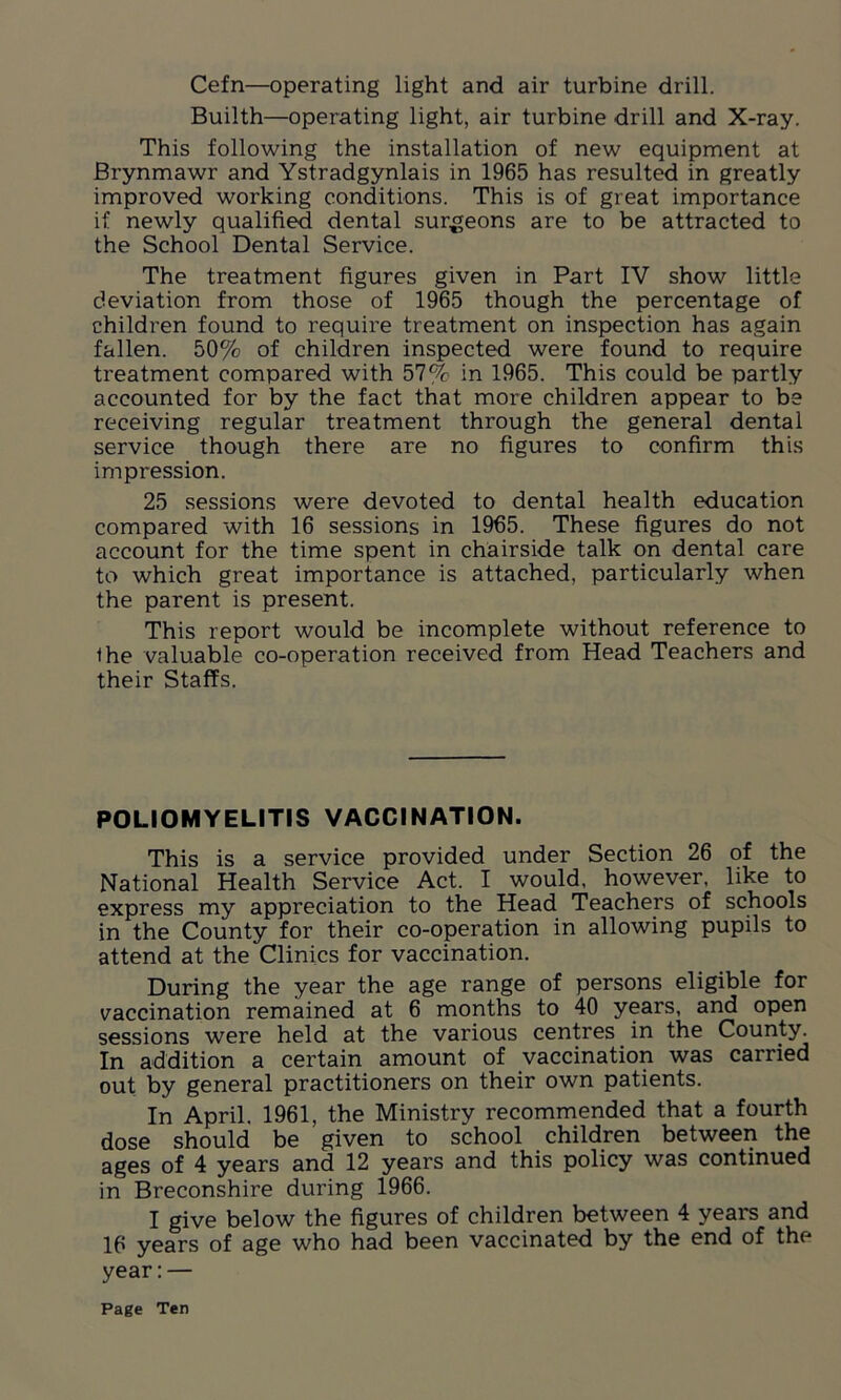 Cefn—operating light and air turbine drill. Builth—operating light, air turbine drill and X-ray. This following the installation of new equipment at Brynmawr and Ystradgynlais in 1965 has resulted in greatly improved working conditions. This is of great importance if newly qualified dental surgeons are to be attracted to the School Dental Service. The treatment figures given in Part IV show little deviation from those of 1965 though the percentage of children found to require treatment on inspection has again fallen. 50% of children inspected were found to require treatment compared with 57% in 1965. This could be partly accounted for by the fact that more children appear to be receiving regular treatment through the general dental service though there are no figures to confirm this impression. 25 sessions were devoted to dental health education compared with 16 sessions in 1965. These figures do not account for the time spent in chairside talk on dental care to which great importance is attached, particularly when the parent is present. This report would be incomplete without reference to Ihe valuable co-operation received from Head Teachers and their Staffs. POLIOMYELITIS VACCINATION. This is a service provided under Section 26 of the National Health Service Act. I would, however, like to express my appreciation to the Head Teachers of schools in the County for their co-operation in allowing pupils to attend at the Clinics for vaccination. During the year the age range of persons eligible for vaccination remained at 6 months to 40 years, and open sessions were held at the various centres in the County. In addition a certain amount of vaccination was carried out by general practitioners on their own patients. In April. 1961, the Ministry recommended that a fourth dose should be given to school children between the ages of 4 years and 12 years and this policy was continued in Breconshire during 1966. I give below the figures of children between 4 years and 16 years of age who had been vaccinated by the end of the year:—