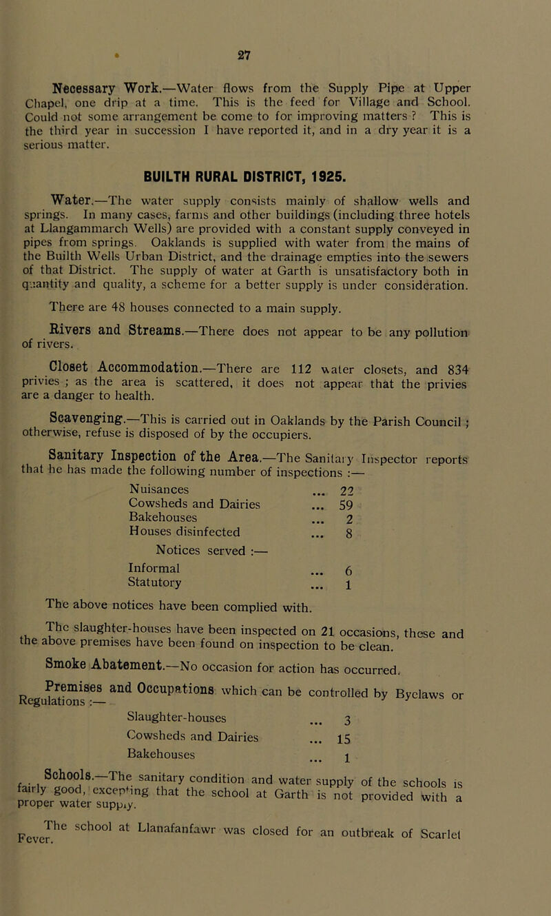 Necessary Work.—Water flows from the Supply Pipe at Upper Chapel, one drip at a time. This is the feed for Village and School. Could not some arrangement be come to for improving matters ? This is the third year in succession I have reported it, and in a dry year it is a serious matter. BUILTH RURAL DISTRICT, 1925. Water.—The water supply consists mainly of shallow wells and springs. In many cases, farms and other buildings (including three hotels at Llangammarch Wells) are provided with a constant supply conveyed in pipes from springs. Oaklands is supplied with water from the mains of the Builth Wells Urban District, and the drainage empties into the .sewers of that District. The supply of water at Garth is unsatisfactory both in quantity and quality, a scheme for a better supply is under consideration. There are 48 houses connected to a main supply. Rivers and Streams.—There does not appear to be any pollution of rivers. Closet Accommodation.—There are 112 uater closets, and 834 privies ; as the area is scattered, it does not appear that the privies are a danger to health. Scavenging.—This is carried out in Oaklands by the Parish Council ; otherwise, refuse is disposed of by the occupiers. Sanitary Inspection of the Area.—The Sanitary Inspector reports that he has made the following number of inspections :— Nuisances ... 22 Cowsheds and Dairies ... 59 Bakehouses ... 2 Houses disinfected ... 8 Notices served :— Informal ... 6 Statutory ... i The above notices have been complied with. The slaughter-houses have been inspected on 21 occasions, these and tne above premises have been found on inspection to be clean. Smoke Abatement.—No occasion for action has occurred. Premises and Occupations which can be Regulations :— controlled Slaughter-houses ... 3 Cowsheds and Dairies ... 15 Bakehouses 1 by Byelaws or Schods.—The sanitary condition and water supply of the schooh fairly good, excepbng that the school at Garth is not provided with proper water suppiy. is a The school at Fever. Llanafanfawr was closed for an outbreak of Scarlet