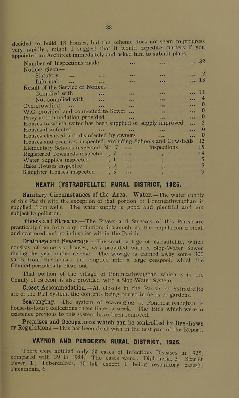 decided to build 18 houses, but the scheme does not seem to progress very rapidly ; might I suggest that it would expedite matters if you appointed an Architect immediately and asked him to submit plans. Number of Inspections made ••• ••• ••• 82 Notices given— Statutory ... ... ••• ••• ••• ^ Informal ... ... ••• ••• ••• Result of the Service of Notices— Complied with ... ... ••• ••• H Not complied with ... ... ... ... 4 Overcrowding ... ... ... ••• 0 W.C. provided and connected to Sewer ... ... ... 0 Privy accommodation provided ... ... ... 0 Houses to which water has been supplied or supply improved ... 2 Houses disinfected ... ... ... •.• 6 Houses cleansed and disinfected by owners ... ... 0 Houses and premises inspected, excluding Schools and Cowsheds 42 Elementary Schools inspected. No. 7 ... inspections 15 Registered Cowsheds inspected „ 7 ... „ 14 Water Supplies inspected „ 1 ... „ 5 Bake Houses inspected „ 2 ... ,, S Slaughter Houses inspected „ 5 ... ,, 9 NEATH (YSTRADFELLTE) RURAL DISTRICT, 1925. Sanitary Circumstances of the Area. Water.—The water supply of this Parish with the exception of that portion of Pontneathvaughan, is supplied from wells. The water-supply is good and plentiful and not subject to pollution. Rivers and Streams.—The Rivers and Streams of this Parish are practically free from any pollution, inasmuch as the population is small and scattered and no industries within the Parish. Drainage and Sewerage.—The small village of Ystradfellte, which consists of some six houses, was provided with a Slop-Water Sewer during the year under review. The sewage is carried away some 300 yards from the houses and emptied into a large cesspool, which the Council periodically clean out. That portion of the village of Pontneathvaughan which is in the County of Brecon, is also provided with a Slop-Water System. Closet Accommodation.—All closets in the Parish of Ystradfellte are of the Pail System, the contents being buried in fields or gardens. Scavenging.—The system of scavenging at Pontneathvaughan is house-to-house collections three times a week. The Bins which were in existence previous to this system have been removed. Premises and Occupations which can be controlled by Bye-Laws or Regulations.—This has been dealt with in the first part of the Report. VAYNOR AND PENDERYN RURAL DISTRICT, 1925. There were notified only 20 cases of Infectious Diseases in 1925 compared vvith 39 in 1924. The cases were: Diphtheria, 3 ; Scarlet Fever, 1 ; 1 uberculosis, 10 (all except 1 being respiratory cases) • Pneumonia, 6. ’