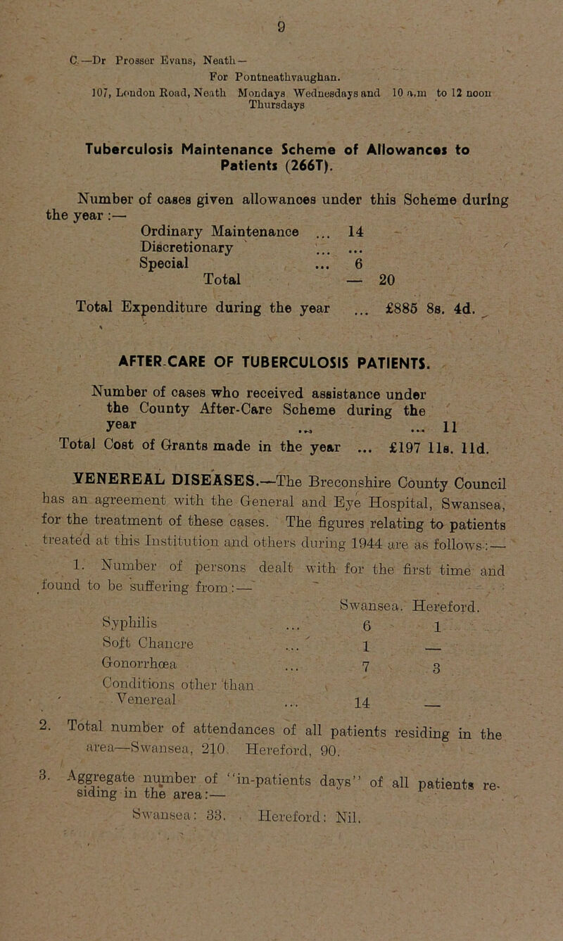 C.—Dr Prosser Evans, Neath — For Pontneathvaughan. 107, London Road, Neath Mondays Wednesdays and 10 a,m to 12 noon Thursdays Tuberculosis Maintenance Scheme of Allowances to Patients (266T). Number of cases given allowances under this Scheme during the year :— Ordinary Maintenance ... 14 Discretionary ... ... Special ... 6 Total — 20 Total Expenditure during the year £885 8s. 4d. AFTER CARE OF TUBERCULOSIS PATIENTS. Number of cases who received assistance under the County After-Care Scheme during the year ... 11 Total Cost of Grants made in the year ... £197 11s. lid. VENEREAL DISEASES.—-The Breconshire County Council has an agreement with the General and Eye Hospital, Swansea, for the treatment of these cases. The figures relating to patients treated at this Institution and others during 1944 are as follows-: 1. Number of persons dealt with for the first time and found to be suffering from: — Swansea. Hereford. Syphilis ... 6 1 Soft Chancre ... i Gonorrhoea ... 7 3 Conditions other 'than Venereal ... 14 2. Total number of attendances of all patients residing in the area—Swansea, 210, Hereford, 90. 3. Aggregate number of “in-patients days” of all patients re- siding m the area:— Swansea: 38. Hereford: Nil.