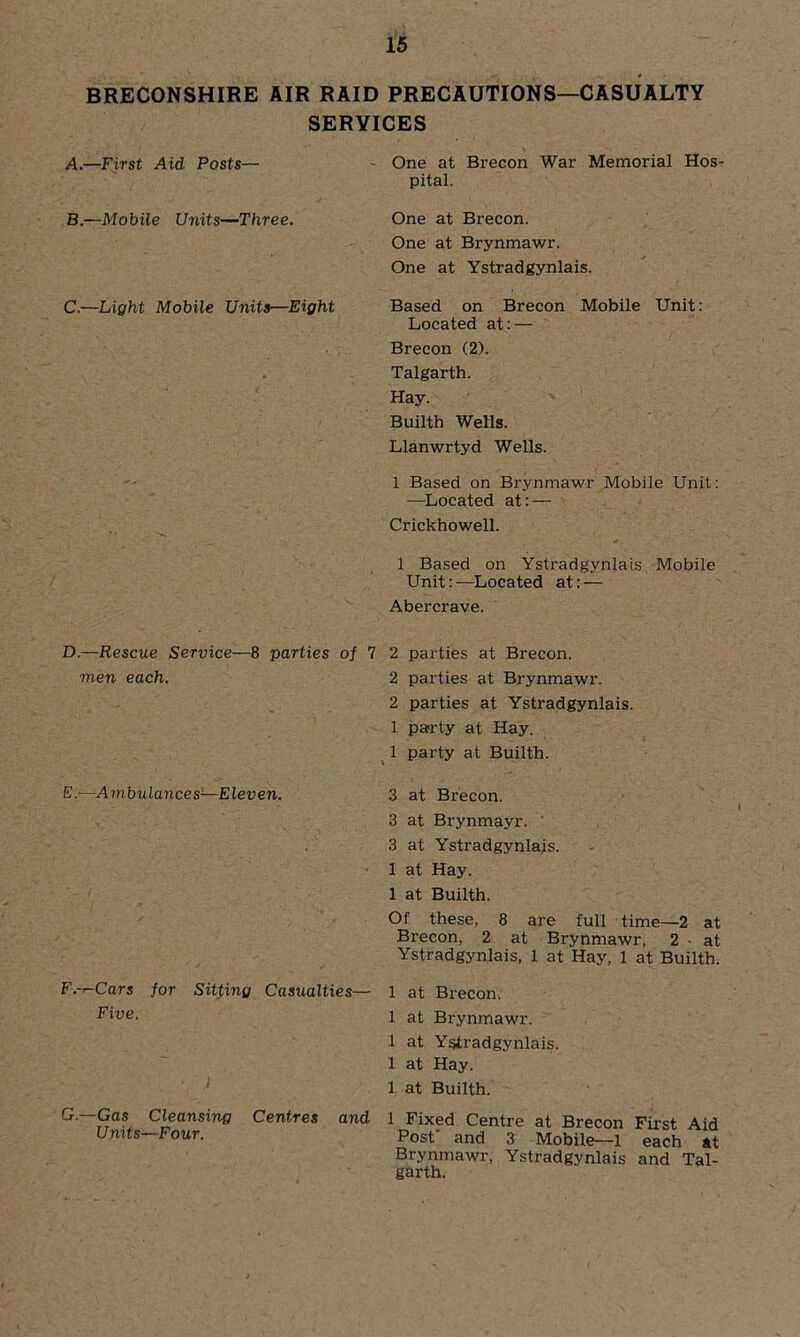 BRECONSHIRE AIR RAID PRECAUTIONS—CASUALTY SERVICES A. —First Aid Posts— B. —Mobile Units—Three. C. —Light Mobile Units—Eight D.—Rescue Service—8 parties men each. E.—A m bulance s—E leven. F.-’-Cars for Sitting Casualties— Five. G.—Gas Cleansing Centres and Units—Four. One at Brecon War Memorial Hos- pital. One at Brecon. One at Brynmawr. One at Ystradgynlais. Based on Brecon Mobile Unit: Located at:— Brecon (2). Talgarth. Hay. Builth Wells. Llanwrtyd Wells. 1 Based on Brynmawr Mobile Unit: —Located at: — Crickhowell. 1 Based on Ystradgynlais Mobile Unit:—Located at: — Abercrave. parties at Brecon. 2 parties at Brynmawr. 2 parties at Ystradgynlais. 1 party at Hay. 1 party at Builth. 3 at Brecon. 3 at Brynmayr. ' 3 at Ystradgynlais. 1 at Hay. 1 at Builth. Of these, 8 are full time—2 at Brecon, 2 at Brynmawr, 2 - at Ystradgynlais, 1 at Hay, 1 at Builth. 1 at Brecon. 1 at Brynmawr. 1 at Ystradgynlais. 1 at Hay. 1 at Builth. 1 Fixed Centre at Brecon First Aid Post and 3 Mobile—1 each at Brynmawr, Ystradgynlais and Tal- garth. of 7 2