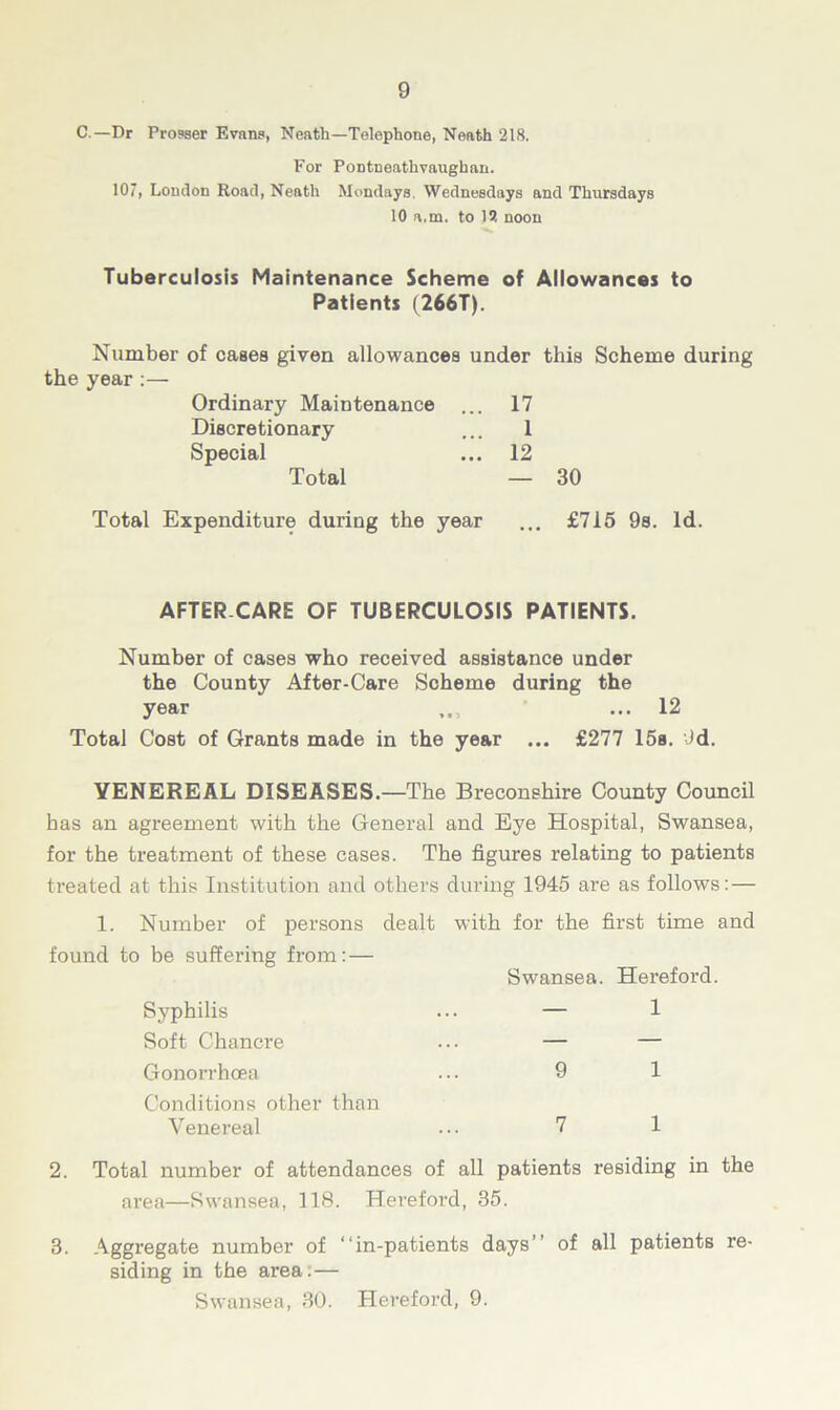 C — Dr Prosser Evans, Neath—Telephone, Neath 218. For PoDtneathvaugban. 107, London Road, Neath Mondays. Wednesdays and Thursdays 10 a.m. to 12 noon Tuberculosis Maintenance Scheme of Allowances to Patients (266T). Number of cases given allowances under this Scheme during year :— Ordinary Maintenance ... 17 Discretionary 1 Special 12 Total — 30 Total Expenditure during the year ... £715 9s. Id. AFTER CARE OF TUBERCULOSIS PATIENTS. Number of cases who received assistance under the County After-Care Scheme during the year ... ... 12 Total Cost of Grants made in the year ... £277 15a. Id. VENEREAL DISEASES.—The Breconshire County Council has an agreement with the General and Eye Hospital, Swansea, for the treatment of these cases. The figures relating to patients treated at this Institution and others during 1945 are as follows: — 1. Number of persons dealt with for the first time and found to be suffering from: — Swansea. Hereford. Syphilis ... — 1 Soft Chancre ... — — Gonorrhoea ... 9 1 Conditions other than Venereal ... 7 1 2. Total number of attendances of all patients residing in the area—Swansea, 118. Hereford, 35. 3. Aggregate number of “in-patients days” of all patients re- siding in the area.— Swansea, 30. Hereford, 9.