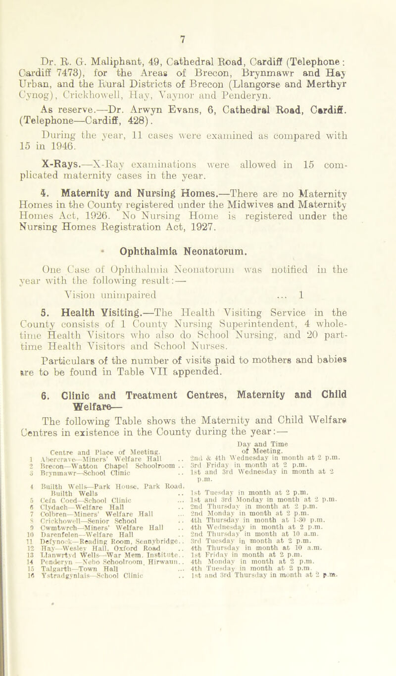 Dr. R. G. Maliphant, 49, Cathedral Road, Cardiff (Telephone; Cardiff 7473), for the Areas of Brecon, Brynmawr and Hay Urban, and the Rural Districts of Brecon (Llangorse and Merthyr Cynog), Crickhowell, Hay, Vaynor and Penderyn. As reserve.—Dr. Arwyn Evans, 6, Cathedral Road, Cardiff. (Telephone—Cardiff, 428). During the year, 11 cases were examined as compared with 15 in 1946. X-Rays.—X-Ray examinations were allowed in 15 com- plicated maternity cases in the year. 4. Maternity and Nursing Homes.—There are no Maternity Homes in the County registered under the Midwives and Maternity- Homes Act, 1926. No Nursing Home is registered under the Nursing Homes Registration Act, 1927. • Ophthalmia Neonatorum. One Case of Ophthalmia Neonatorum was notified in the year with the following result: — Vision unimpaired ... 1 5. Health Visiting.—The Health Visiting Service in the County consists of 1 County Nursing Superintendent, 4 whole- time Health Visitors who also do School Nursing, and 20 part- time Health Visitors and School Nurses. Particulars of the number of visits paid to mothers and babies are to be found in Table VII appended. 6. Clinic and Treatment Centres, Maternity and Child Welfare— The following Table shows the Maternity and Child Welfare Centres in existence in the County during the year:— Day and Time Centre and Place of Meeting. 1 Abercrave—Miners’ Welfare Hall 2 Brecon—Watton Chapel Schoolroom .. 3 Brynmawr—School Clinic 4 Builth Wells—Park House. Park Road, Builth Wells 5 Cefn Coed—School Clinic B Clydach—Welfare Hall 7 Colbren—Miners’ Welfare Hall S Crickhowell—Senior School 9 Cwmtwrch—Miners' Welfare Hall 10 Darenfelen—Welfare Hall 11 Defynock—Reading Room, Sennybridge.. 12 Hay—Wesley Hall, Oxford Road 13 l.Ianwrtyd Wells—'War Mem. Institute.. 14 Penderyn — Nebo Schoolroom. Hirwann.. 15 Talgarth—Town Hall 10 Ystradgynlais—School Clinic of Meeting. 2nd & 4th Wednesday in month at 2 p.m. 3rd Friday in month at 2 p.m. 1st and 3rd Wednesday in month at 2 p.m. 1st Tuesday in month at 2 p.m. 1st and 3rd Monday in month at 2 p.m. 2nd Thursday in month at 2 p.m. 2nd Monday in month at 2 p.m. 4th Thursday in month at 1-30 p.m. 4th Wednesd%y in month at 2 p.m. 2nd Thursday in month at 10 a.m. 3rd Tuesday in month at 2 p.m. 4th Thursday in month at 10 a.m. 1st Friday in month at 2 p.m. 4th Monday in month at 2 p.m. 4th Tuesday in month at 2 p.m. 1st and 3rd Thursday in month at 2 p.m.