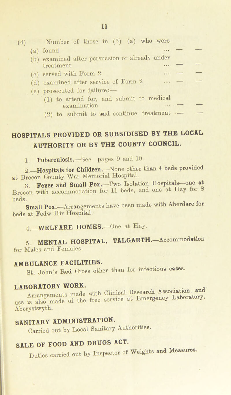 (4) Number of those in (3) (a) who were (a) found ••• (b) examined after persuasion or already under treatment ••• (c) served with Form 2 ••• — (d) examined after service of Form 2 ... — (e) prosecuted for failure: — (1) to attend for, and submit to medical examination • • • (2) to submit to and continue treatment — HOSPITALS PROVIDED OR SUBSIDISED BY THE LOCAL AUTHORITY OR BY THE COUNTY COUNCIL. 1. Tuberculosis.—See pages 9 and 10. 2. Hospitals for Children.—None other than 4 beds provided at Brecon County War Memorial Hospital. 3. Fever and Small Pox.—Two Isolation Hospitals--one at Brecon with accommodation for 11 beds, and one at Hay oi beds. Small Pox.—Arrangements have been made with Aberdare for beds at Fedw Hir Hospital. 4. —WELFARE HOMES.—One at Hay. 5. MENTAL HOSPITAL, TALGARTH.—Accommodation for Males and Females. AMBULANCE FACILITIES. St. John’s Red Cross other than for infectious cuses. laboratory work. Arrangements made with Clinical use is also made of the free service Aberystwyth. Research Association, and at Emergency Laboratory, SANITARY ADMINISTRATION. Carried out by Local Sanitary Authorities. SALE OF FOOD AND DRUGS ACT. Duties carried out by Inspector of Weights and Measures.