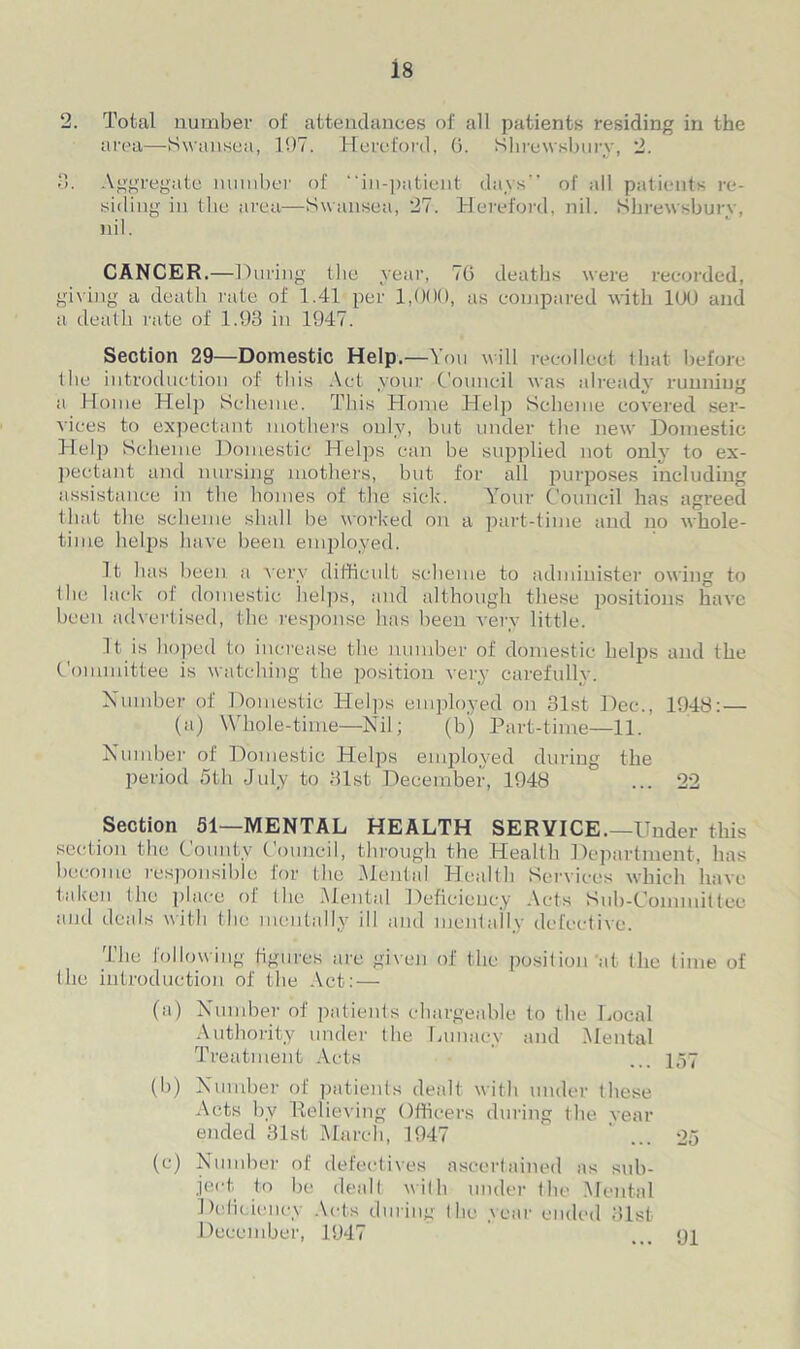 2. Total number of attendances of all patients residing in the area—Swansea, 197. Hereford, G. Shrewsbury, 2. 8. Aggregate number of “in-patient days’’ of all patients re- siding in the area—Swansea, 27. Hereford, nil. Shrewsbury, nil. CANCER.—During the year, 7 (3 deaths were recorded, giving a death rate of 1.41 per 1,000, as compared with 100 and a death rate of 1.93 in 1947. Section 29—Domestic Help.—You will recollect that before the introduction of this Act your Council was already running a Home Help Scheme. This Home Help Scheme covered ser- vices to expectant mothers only, but under the new Domestic Help Scheme Domestic Helps can be supplied not only to ex- pectant and nursing mothers, but for all purposes including assistance in the homes of the sick. Your Council has agreed that the scheme shall be worked on a part-time and no whole- time helps have been employed. It lias been a very difficult scheme to administer owing to (lie lack of domestic helps, and although these positions have been advertised, the response has been very little. It is hoped to increase the number of domestic helps and the Committee is watching the position very carefully. Number of Domestic Helps employed on 31st Dec., 1948: — (a) Whole-time—Nil; (b) Part-time—11. Number of Domestic Helps employed during the period 5th July to 31st December, 1948 ... 22 Section 51—MENTAL HEALTH SERVICE.—Under this section the County Council, through the Health Department, has become responsible for the Mental Health Services which have taken the place ol the Mental Deficiency Acts Sub-Committee and deals with the mentally ill and mentally defective. The following figures are given of the position'at the time of the introduction of the Act: — (a) Number of patients chargeable to the Local Authority under the Lunacy and Mental Treatment Acts ... 157 (b) Number of patients dealt with under these Acts by Relieving Officers during the year ended 31st March, 1947 ' ... 25 (c) Number of defectives ascertained as sub- ject to be dealt with under the Mental Deficiency Acts during the year ended 31st December, 1947 ... <ji