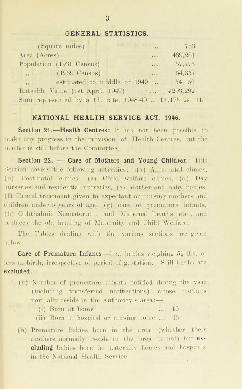 GENERAL STATISTICS. (Square miles) ... 733 Area (Acres) ... 469,281 Population (1931 Census) ... 57,775 ,, (1939 Census) ... 54,357 ,, estimated to middle of 1949 ... 54,159 Rateable Value (1st April, 1949) ... £293,292 Sum represented by a Id. rate, 1948-49 ... £1,173 2s. lid. NATIONAL HEALTH SERVICE ACT, 1946. Section 21.—Health Centres: It lias not been possible to make any progress in the provision of Health Centres, but the matter is still before the Committee. Section 22. — Care of Mothers and Young Children: This Section covers the following activities: — (a) Ante-natal clinics, (b) Post-natal clinics, (c) Child welfare clinics, (d) Day nurseries and residential nurseries, (e) Mother and baby homes, (f) Dental treatment given to expectant or nursing mothers and children under 5 years of age, (g) care of premature infants, (h) Ophthalmia Neonatorum, and Maternal Deaths, etc., and replaces the old heading of Maternity and Child Welfare. The Tables dealing with the various sections are given below: — Care of Premature Infants.—i.e.. babies weighing 54 lbs. or less at birth, irrespective of period of gestation. Still births are excluded. (a) Number of premature infants notified during the year (including transferred notifications) whose mothers normally reside in the Authority's area:— (i) Born at home ... 16 (ii) Born in hospital or nursing home ... 43 (b) Premature babies born in the area (whether their mothers normally reside in the area or not) but ex- cluding babies born in maternity homes and hospitals in the National Health Service.