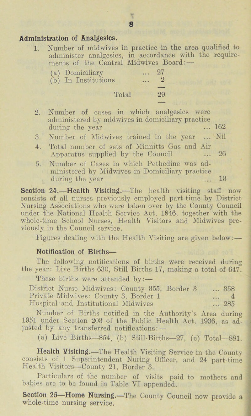 Administration of Analgesics. 1. Number of midwives in practice in the area qualified to administer analgesics, in accordance with the require- ments of the Central Midwives Board: — (a) Domiciliary ... 27 (b) In Institutions ... 2 Total 29 2. Number of cases in which analgesics were administered by midwives in domiciliary practice during the year ... 162 3. Number of Midwives trained in the year ... Nil 4. Total number of sets of Minnitts Gas and Air Apparatus supplied by the Council ... 26 5. Number of Cases in which Pethedine was ad- ministered by Midwives in Domiciliary practice during the year ... 13 Section 24.—Health Visiting.—The health visiting staff now consists of all nurses previously employed part-time by District Nursing Associations who were taken over by the County Council under the National Health Service Act, 1946, together with the whole-time School Nurses, Health Visitors and Midwives pre- viously in the Council service. Figures dealing with the Health Visiting are given below: — Notification of Births— The following notifications of births were received during the year: Live Births 630, Still Births 17, making a total of 647. These births were attended by:— District Nurse Midwives: County 355, Border 3 ... 358 Private Midwives: County 3, Border 1 ... 4 Hospital and Institutional Midwives ... 285 Number of Births notified in the Authority’s Area during 1951 under Section 203 of the Public Health Act, 1936, as ad- justed by any transferred notifications:— (a) Live Births—854, (b) Still-Births—27, (c) Total—881. Health Visiting.—The Health Visiting Service in the County consists of 1 Superintendent Nuring Officer, and 24 part-time Health Visitors—County 21, Border 3. Particulars of the number of visits paid to mothers and babies are to be found in Table VI appended. Section 25—Home Nursing.—The County Council now provide a whole-time nursing service.