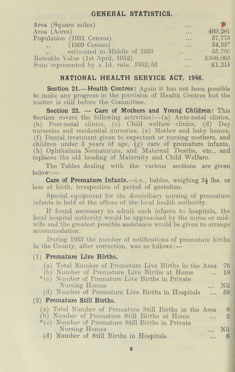 GENERAL STATISTICS. Area (Square miles) * ' Area (Acres) 469,281 Population (1931 Census) 57,775 ,, (1939 Census) 54,357 ,, estimated to Middle of 1953 55,700 Rateable Value (1st April, 1952) £308,063 Sum represented by a Id. rate, 1952/53 £1,215 NATIONAL HEALTH SERVICE ACT, 1946. Section 21.—Health Centres: Again it has not been possible to make any progress in the provision of Health Centres but the matter is still before the Committee. Section 22. — Care of Mothers and Young Children: This Section covers the following activities:—(a) Ante-natal clinics, (b) Post-natal clinics, (c) Child welfare clinics, (d) Day nurseries and residential nurseries, (e) Mother and baby homes, (f) Dental treatment given to expectant or nursing mothers, and children under 5 years of age, (g) care of premature infants, (h) Ophthalmia Neonatorum, and Maternal Deaths, etc., and replaces the old heading of Maternity and Child Welfare. The Tables dealing with the various sections are given below:— Care of Premature Infants.—i.e., babies, weighing lbs. or less at birth, irrespective of period of gestation. Special equipment for the domiciliary nursing of premature infants is held at the offices of the local health authority. If found necessary to admit such infants to hospitals, the local hospital authority would be approached by the nurse or mid- wife and the greatest possible assistance would be given to arrange accommodation. During 1953 the number of notifications of premature births in the County, after correction, was as follows:— (1) Premature Live Births. (a) Total Number of Premature Live Births in the Area 76 (b) Number of Premature Live Births at Home ... 18 *(c) Number of Premature Live Births in Private Nursing Homes ... Nil (d) Number of Premature Live Births in Hospitals ... 58 (2) Premature Still Births. (a) Total Number of Premature Still Births in the Area 8 (b) Number of Premature Still Births at Home ... 2 *(c) Number of Premature Still Births in Private Nursing Homes ... Nil (d) Number of Still Births in Hospitals ... 6