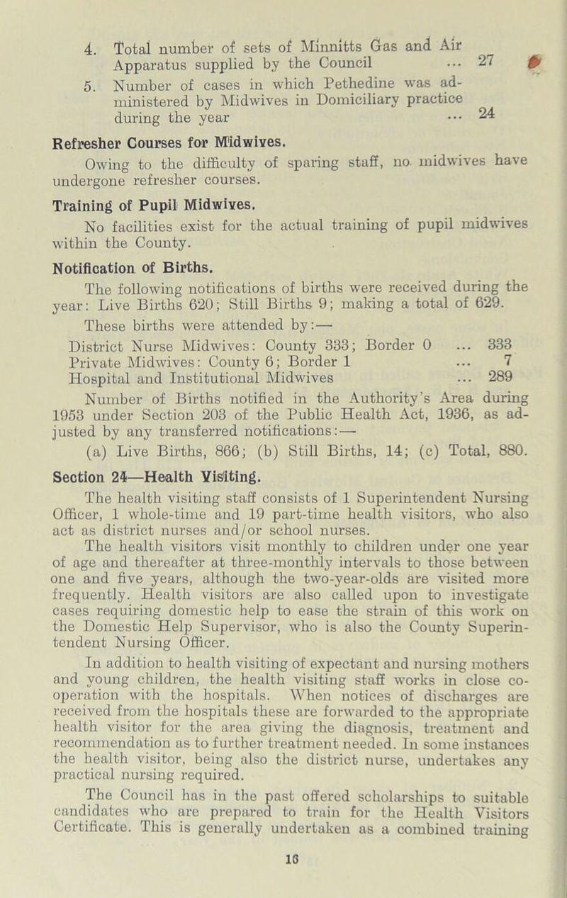 4. Total number of sets of Mlnnltts Gas and Air Apparatus supplied by the Council ••• 2* 5. Number of cases in which Pethedine was ad- ministered by Midwives in Domiciliary practice during the year ••• 24 Refresher Courses for M'idwives. Owing to the difficulty of sparing staff, no midwives have undergone refresher courses. Training of Pupil Midwives. No facilities exist for the actual training of pupil midwives within the County. Notification of Births. The following notifications of births were received during the year: Live Births 620; Still Births 9; making a total of 629. These births were attended by: — District Nurse Midwives: County 333; Border 0 ... 333 Private Midwives: County 6; Border 1 ... 7 Hospital and Institutional Midwives ... 289 Number of Births notified in the Authority’s Area during 1953 under Section 203 of the Public Health Act, 1936, as ad- justed by any transferred notifications: — (a) Live Births, 866; (b) Still Births, 14; (c) Total, 880. Section 24—Health Visiting. The health visiting staff consists of 1 Superintendent Nursing Officer, 1 whole-time and 19 part-time health visitors, who also act as district nurses and/or school nurses. The health visitors visit monthly to children under one year of age and thereafter at three-monthly intervals to those between one and five years, although the two-year-olds are visited more frequently. Health visitors are also called upon to investigate cases requiring domestic help to ease the strain of this work on the Domestic Help Supervisor, who is also the County Superin- tendent Nursing Officer. In addition to health visiting of expectant and nursing mothers and young children, the health visiting staff works in close co- operation with the hospitals. When notices of discharges are received from the hospitals these are forwarded to the appropriate health visitor for the area giving the diagnosis, treatment and recommendation as to further treatment needed. In some instances the health visitor, being also the district nurse, undertakes any practical nursing required. The Council has in the past offered scholarships to suitable candidates who are prepared to train for the Health Visitors Certificate. This is generally undertaken as a combined training