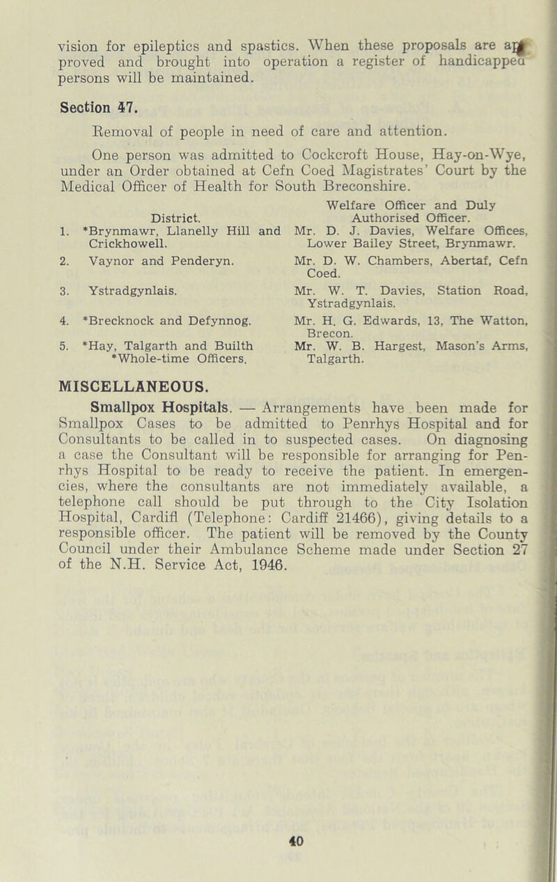 vision for epileptics and spastics. When these proposals are proved and brought into operation a register of handicapped persons will be maintained. Section 47. Removal of people in need of care and attention. One person was admitted to Cockcroft House, Hay-on-Wye, under an Order obtained at Cefn Coed Magistrates’ Court by the Medical Officer of Health for South Breconshire. District. 1. ‘Brynmawr, Llanelly Hill and Crickhowell. 2. Vaynor and Penderyn. 3. Ystradgynlais. 4. ‘Brecknock and Defynnog. 5. *Hay, Talgarth and Builth ‘Whole-time Officers. Welfare Officer and Duly Authorised Officer. Mr. D. J. Davies, Welfare Offices, Lower Bailey Street, Brynmawr. Mr. D. W. Chambers, Abertaf, Cefn Coed. Mr. W. T. Davies, Station Road, Ystradgynlais. Mr. H. G. Edwards, 13, The Watton, Brecon. Mr. W. B. Hargest, Mason’s Arms, Talgarth. MISCELLANEOUS. Smallpox Hospitals. — Arrangements have been made for Smallpox Cases to be admitted to Penrhys Hospital and for Consultants to be called in to suspected cases. On diagnosing a case the Consultant will be responsible for arranging for Pen- rhys Hospital to be ready to receive the patient. In emergen- cies, where the consultants are not immediately available, a telephone call should be put through to the City Isolation Hospital, Cardiff (Telephone: Cardiff 21466), giving details to a responsible officer. The patient will be removed by the County Council under their Ambulance Scheme made under Section 27 of the N.H. Service Act, 1946.