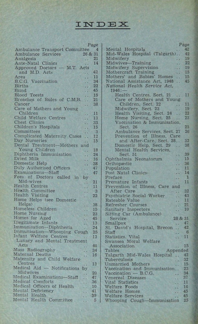 ustidibix: Page Ambulance Transport Committee 4 Ambulance Services 26 & 31 Analgesia .. 21 Ante-Natal Clinics .. 14 Approved Doctors — M.T. Acts and M.D. Acts .. 42 Area .. 11 B.C.G. Vaccination .. 34 Births .. 22 Blind .. 45 Blood Teests .. 15 Breaches of Rules of C.M.B. . . 21 Cancer .. 38 Care of Mothers and Young Children 11 Child Welfare Centres .. 13 Chest Clinics .. 33 Children’s Hospitals .. 15 Committees .. 3 Complicated Maternity Cases .. 12 Day Nurseries .. 15 Dental Treatment—Mothers and Young Children .. 18 Diphtheria Immunisation .. 24 Dried Milk .. 16 Domestic Help .. 38 Duly Authorised Officers .. 47 Examinations—Staff .. 47 Fees of Doctors called in by Mid-wives .. 21 Health Centres .. ll Health Committee .. 3 Health Visiting .. 22 Home Helps (see Domestic Helps) .. 38 Homeless Children .. 15 Home Nursing .. 23 Homes for Aged .. 45 Illegitimate Infants 13 Immunisation—Diphtheria . . 24 Immunisation—Whooping Cough 25 Infant Welfare Centres .. 13 Lunacy and Mental Treatment Acts .. 40 Mass Radiography .. 34 Maternal Deaths .. 16 Maternity and Child Welfare Centres .. 13 Medical Aid — Notifications by Midwives .. 20 Medical Examinations—Staff .. 47 Medical Comforts .. 36 Medical Officers of Health .. 10 Mental Deficiency . . 41 Mental Health .. 39 Mental Health Committee .. 5 Page Mental Hospitals .. 42 Mid-Wales Hospital (Talgarth).. 42 Midwifery .. 19 Midwives—Training .. 22 Midwifery Supervision .. 19 Mothercraft Training .. 15 Mothers’ and Babies’ Homes .. 15 National Assistance Act, 1948 .. 45 National Health Service Act, 1946: — Health Centres, Sect. 21 .. 11 Care of Mothers and Young Children, Sect. 22 ..11 Midwifery, Sect. 23 .. 19 Health Visiting, Sect. 24 .. 22 Home Nursing, Sect. 25 .. 23 Vaccination & Immunisation, Sect. 26 .. 23 Ambulance Services. Sect. 27 26 Prevention of Illness, Care and After-Care, Sect. 28.. 32 Domestic Help. Sect. 29 .. 38 Mental Health Services, Sect. 51 . . 39 Ophthalmia Neonatorum .. 15 Orthopaedic .. 36 Population .. 11 Post Natal Clinics- .. 14 Preface .. 1 Premature Infants 11 Prevention of Illness, Care and After Care .. 32 Psychiatric Social Worker .. 43 Rateable Value .. 11 Refresher Courses .. 21 Sanitary Inspectors .. 10 Sitting Car (Ambulance) Service 28 & 31 Smallpox .. 47 St. David’s Hospital, Brecon .. 42 Staff .. 6 Statistics. Vital .. 11 Swansea Moral Welfare Association .. 15 Tables Appended Talgarth Mid-Wales Hospital .. 42 Tuberculosis .. 32 Unmarried Mothers .. 15 Vaccination and Immunisation.. 23 Vaccination — B.C.G. .. 34 Venereal Diseases .. 37 Vital Statistics .. 11 Welfare Foods .. 16 Welfare Homes .. 45 Welfare Services .. 45 Whooping Cough—Immunisation 25