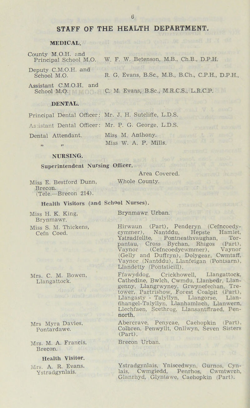 STAFF OF THE HEALTH DEPARTMENT. MEDICAL. County M.O.H. and Principal School M.O. W. F. W. Betenson, M.B., Ch.B., D.P.H. Deputy C.M.O.H. and School M.O. R. G. Evans, B.Sc., M.B., B.Ch., C.P.H., D.P.H.. Assistant C.M.O.H. and School M.O. C. M. Evans, B.Sc., M.R.C.S., L.R.C.P. DENTAL. Principal Dental Officer: Mr. J. H. Sutcliffe, L.D.S. Assistant Dental Officer: Mr. P. G. George. L.D.S. Dental Attendant. Miss M. Anthony. »» >» Miss W. A. P. Mills. NURSING. Superintendent Nursing Officer. Area Covered. Miss E. Bestford Dunn, Brecon. (Tele.—Brecon 214). Whole County. Health Visitors (and School Nurses). Miss H. K. King, Brynmawr Urban. Brynmawr. Miss S. M. Thickens, Cetn Coed. Hirwaun (Part), Penderyn (Cefncoedy- cymmer), Nantddu, Hepste Hamlet, Ystradfellte, Pontneathvaughan, Tor- pantau, Cross Bychan, Rhigos (Part), Vaynor (Cefncoedycwmmer), Vaynor (Geliy and Duffryn), Dolygear, Cwmtaff, Vaynor (Nantddu), Llanfeigan (Pontsam). Llandetty (Pontsticill). Mrs. C. M. Bowen. Llangattock. Ffawyddog, Crickhowell, Llangattock, Cathedine, Bwlch, Cwmdu, Llanbedr, Llan- genny, Llangrwyney, Grwynefechan, Tre- tower, Partrishow, Forest Coalpit (Part), Llangasty - Talyllyn, Llangorse, Llan- fihangel-Talyllyn. Llanhamlach, Llanwern. Llechfaen, Scethrog, Llansantffraed, Pen- north. Mrs Myra Davies, Pontardawe. Abercrave, Penycae, Caehopkin (Part), Colbren, Penwyllt, Onllwyn, Seven Sisters (Part). Mrs. M. A. Francis, Brecon. Brecon Urban. Health Visitor. Mrs. A. R. Evans. V stradgynlais. Ystradgynlais, Yniscedwyn, Gurnos, Cvn- lais, Cwmgiedd, Penrhos, Cwmtwrch, Glanrhyd, Glyntawe, Caehopkin (Part).