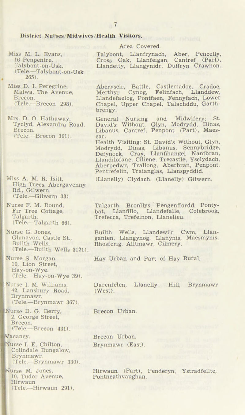 District Nurses Midwives/Health Visitors. Area Covered Miss M. L. Evans, 16 Penpentre, 'alybont-on-Usk. (Tele.—Talybont-on-Usk 265). Miss D. I. Peregrine, Malwa, The Avenue, Brecon. (Tele.—Brecon 298). Mrs. D. O. Hathaway, Tyclyd, Alexandra Road, Brecon. (Tele.—Brecon 361). Miss A. M. R. Isitt, High Trees, Abergavenny Rd., Gilwern. (Tele.—Gilwern 33). Nurse F. M. Bound, Fir Tree Cottage, Talgarth. (Tele.—Talgarth 66). Talybont, Llanfrynach, Aber, Pencelly, Cross Oak, Llanfeigan, Cantref (Part), Llandetty, Llangynidr, Duffryn Crawnon. Aberyscir, Battle, Castlemadoc, Cradoc, Merthyr Cynog, Felinfach, Llanddew, Llandefaelog, Pontfaen, Fennyfach, Lower Chapel, Upper Chapel, Talachddu, Garth- brengy. General Nursing and Midwifery: St. David’s Without, Glyn, Modrydd, Dinas, Libanus, Cantref, Penpont (Part), Maes- car. Health Visiting: St. David’s Without, Glyn, Modrydd, Dinas, Libanus, Sennybridge, Defynock, Cray, Llanfihangel Nantbran, Llandilofane, Ciliene, Trecastle, Ysclydach, Aberpedwr, Trallong, Aberbran, Penpont, Pentrefelin, Traianglas, Llanspyddid. (Llanelly) Clydach, (Llanelly) Gilwern. Talgarth, Bronllys, Pengenffordd, Ponty- bat, Llanfillo, Llandefalle, Colebrook, Trefecca, Trefeinon, Llanelieu. Nurse G. Jones, Glanavon, Castle St., Builth Wells. (Tele.—Builth Wells 3121). Builth Wells, Llandewi’r Cwm, Llan- ganten, Llangynog, Llanynis, Maesmynis, Rhosferig, Alltmawr, Cilmery. Nurse S. Morgan, 10, Lion Street, Hay-on-Wye. (Tele.—Hay-on-Wye 39). Nurse I. M. Williams, 42, Lansbury Road, Brynmawr. (Tele.—Brynmawr 367). iNurse D. G. Berry, 2, George Street, Brecon. (Tele.—Brecon 431). Vacancy. Nurse I. E. Chilton, Colindale Bungalow, Brynmawr (Tele.—Brynmawr 330). Wurse M. Jones, 10, Tudor Avenue, Hirwaun (Tele.—Hirwaun 291). Hay Urban and Part of Hay Rural. Darenfelen, Llanelly Hill, Brynmawr (West). Brecon Urban. Brecon Urban. Brynmawr (East). Hirwaun (Part), Penderyn, Ystradfellte, Pontneathvaughan,