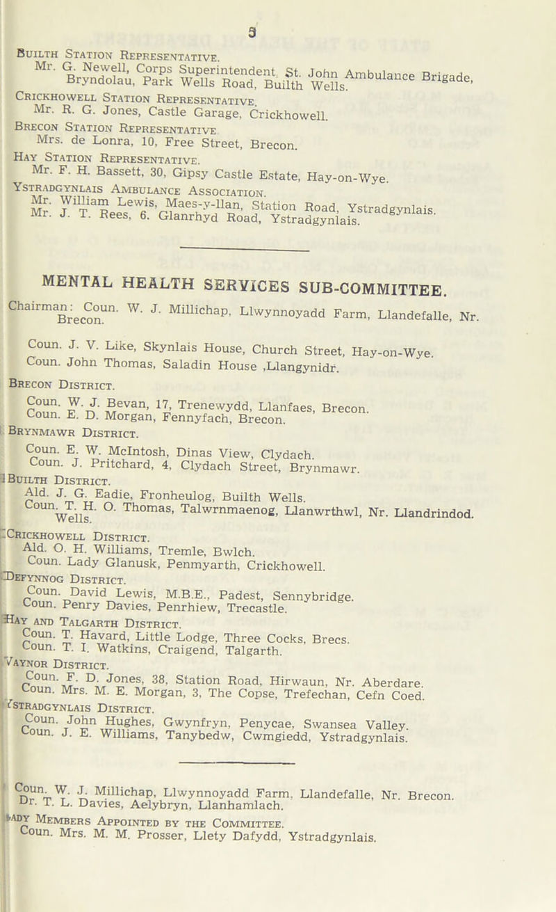 9 Builth Station Representative BrySi'i Cp°a^ ^JgjAmb^ Brigade, Crickhowell Station Representative. Mr. R. G. Jones, Castle Garage. Crickhowell. Brecon Station Representative Mrs. de Lonra, 10, Free Street, Brecon. Hay Station Representative Mr. F. H. Bassett, 30, Gipsy Castle Estate, Hay-on-Wye. Ystradgynlais Ambulance Association. Mr 7iTaReeseWfiS’r1faeSRy:11^n’ Station Road- Ystradgynlais. Mr. J. T. Rees. 6. Glanrhyd Road, Ystradgynlais. MENTAL HEALTH SERVICES SUB-COMMITTEE. Chairman^ Coun. W. J. Millichap, Llwynnoyadd Farm, Llandefalle, Nr. Coun. J. V. Like, Skynlais House, Church Street, Hay-on-Wye. Coun. John Thomas, Saladin House .Llangynidr. Brecon District. Conn’ p'n M6Van’ 1l’ Trenewydd. Llanfaes, Brecon. Coun. E. D. Morgan, Fennyfach, Brecon. Brynmawr District. Coun. E. W. McIntosh, Dinas View, Clydach Coun. J. Pritchard, 4, Clydach Street, Brynmawr. 1 Builth District. Aid. J G_Eadie, Fronheulog, Builth Wells. ^Wells °‘ Thomas’ Yalwrnmaenog, Llanwrthwl, Nr. Llandrindod. -Crickhowell District. Aid. O. H. Williams, Tremle, Bwlch. Coun. Lady Glanusk, Penmyarth, Crickhowell. •IDefynnog District. Coun David Lewis, M.B.E., Padest, Sennybridge. Coun. Penry Davies, Penrhiew, Trecastle. and Talgarth District. Coun. T. Havard, Little Lodge, Three Cocks, Brecs. coun. T. I. Watkins, Craigend, Talgarth. Yaynor District. P°un- J- D,/°nes- 38- Station Road, Hirwaun, Nr. Aberdare. Coun. Mrs. M. E. Morgan, 3, The Copse, Trefechan, Cefn Coed. Ystradgynlais District. Coun. John Hughes, Gwynfryn, Penycae. Swansea Valley, v-oun. j. E. Williams, Tanybedw, Cwmgiedd, Ystradgynlais. Cn!lrVp^' it M.illichaP- Llwynnoyadd Farm. Llandefalle, Nr. Brecon. ur- t. L. Davies, Aelybryn, Llanhamlach. !'Ady Members Appointed by the Committee. oun. Mrs. M. M. Prosser, Llety Dafydd, Ystradgynlais.