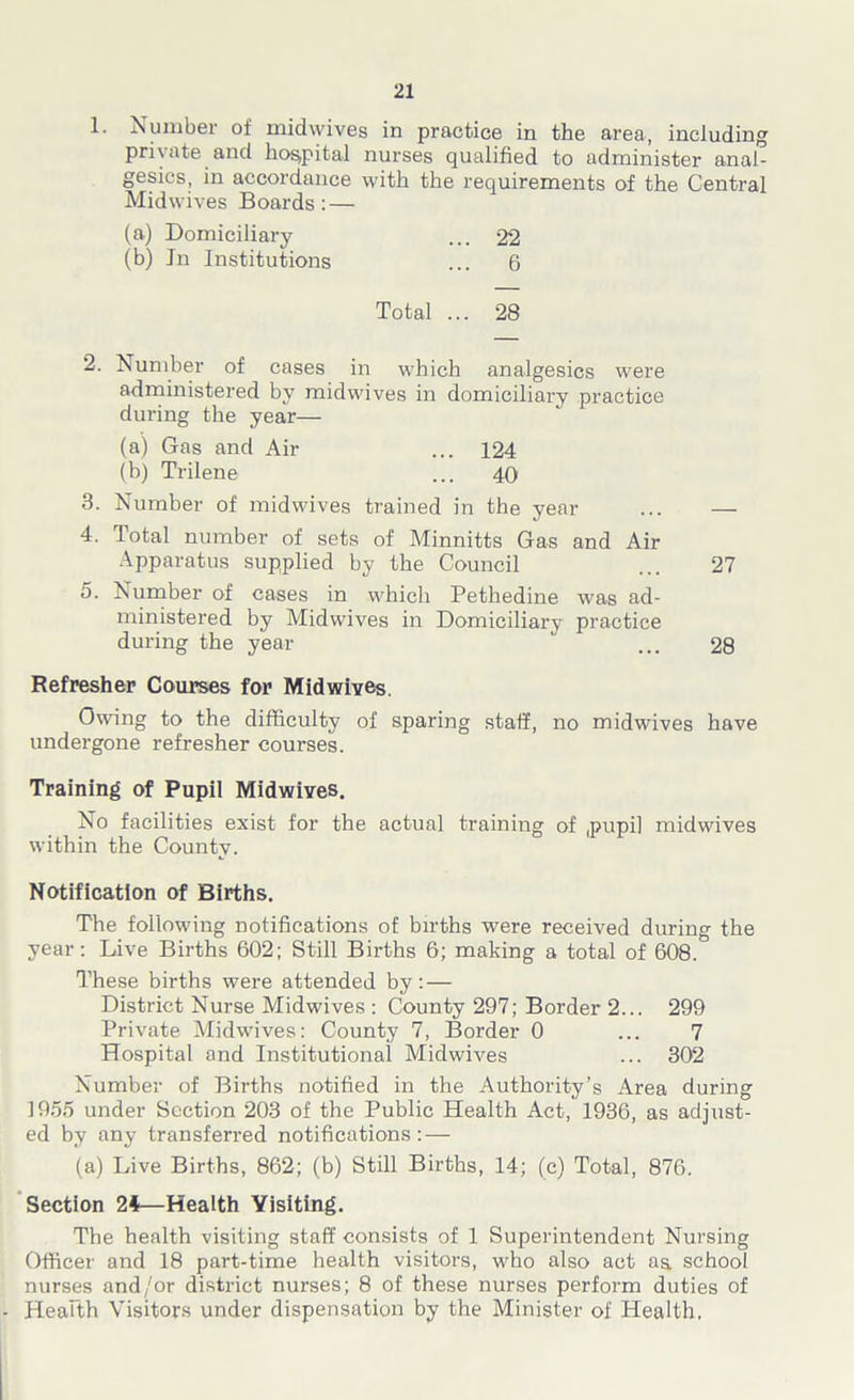 1. Number of midwives in practice in the area, including private and hospital nurses qualified to administer anal- gesics, in accordance with the requirements of the Central Midwives Boards: — (a) Domiciliary ... 22 (b) Jn Institutions ... 6 Total ... 28 2. Number of cases in which analgesics were administered by midwives in domiciliary practice during the year— (a) Gas and Air ... 124 (b) Trilene ... 40 3. Number of midwives trained in the year ... — 4. Total number of sets of Minnitts Gas and Air Apparatus supplied by the Council ... 27 5. Number of cases in which Pethedine was ad- ministered by Midwives in Domiciliary practice during the year ' ... 28 Refresher Courses for Mid wives. Owing to the difficulty of sparing staff, no midwives have undergone refresher courses. Training of Pupil Midwives. No facilities exist for the actual training of ,pupi] midwives within the County. Notification of Births. The following notifications of births were received during the year: Live Births 602; Still Births 6; making a total of 608. These births were attended by: — District Nurse Midwives : County 297; Border 2... 299 Private Midwives: County 7, Border 0 ... 7 Hospital and Institutional Midwives ... 302 Number of Births notified in the Authority’s Area during 1955 under Section 203 of the Public Health Act, 1936, as adjust- ed by any transferred notifications: — (a) Live Births, 862; (b) Still Births, 14; (c) Total, 876. Section 24—Health Visiting. The health visiting staff consists of 1 Superintendent Nursing Officer and 18 part-time health visitors, who also act as school nurses and/or district nurses; 8 of these nurses perform duties of Health Visitors under dispensation by the Minister of Health.