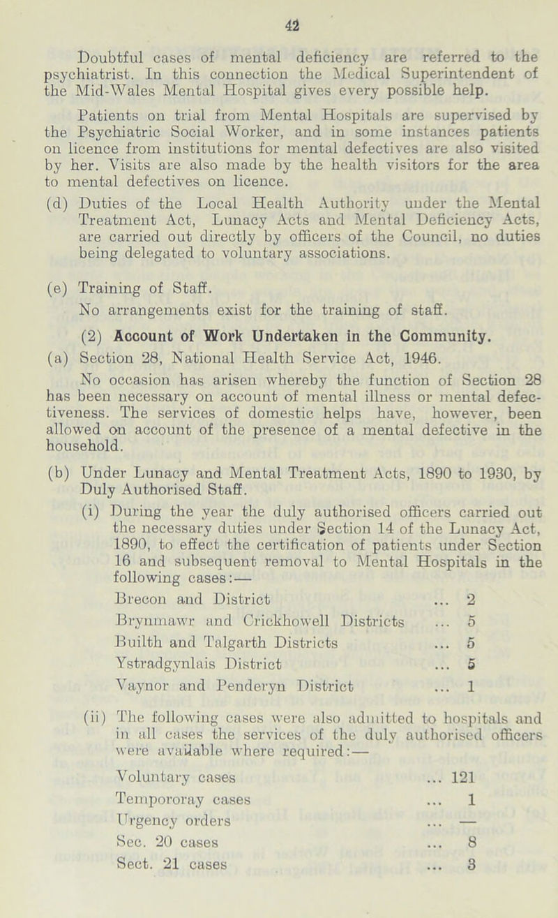 Doubtful cases of mental deficiency are referred to the psychiatrist. In this connection the Medical Superintendent of the Mid-Wales Mental Hospital gives every possible help. Patients on trial from Mental Hospitals are supervised by the Psychiatric Social Worker, and in some instances patients on licence from institutions for mental defectives are also visited by her. Visits are also made by the health visitors for the area to mental defectives on licence. (d) Duties of the Local Health Authority under the Mental Treatment Act, Lunacy Acts and Mental Deficiency Acts, are carried out directly by officers of the Council, no duties being delegated to voluntary associations. (e) Training of Staff. No arrangements exist for the training of staff. (2) Account of Work Undertaken in the Community. (a) Section 28, National Health Service Act, 1946. No occasion has arisen whereby the function of Section 28 has been necessary on account of mental illness or mental defec- tiveness. The services of domestic helps have, however, been allowed on account of the presence of a mental defective in the household. (b) Under Lunacy and Mental Treatment Acts, 1890 to 1930, by Duly Authorised Staff. (i) During the year the duly authorised officers carried out the necessary duties under Section 14 of the Lunacy Act, 1890, to effect the certification of patients under Section 16 and subsequent removal to Mental Hospitals in the following cases: — Brecon and District ... 2 Brymnawr and Crickhowell Districts ... 5 Builth and Talgarth Districts ... 5 Ystradgynlais District ... 5 Vaynor and Penderyn District ... 1 (ii) The following cases were also admitted to hospitals and in all cases the services of the duly authorised officers were available where required: — Voluntary cases ... 121 Tempororay cases ... 1 Urgency orders ... — Sec. 20 cases ... 8 Sect. 21 cases ... 3