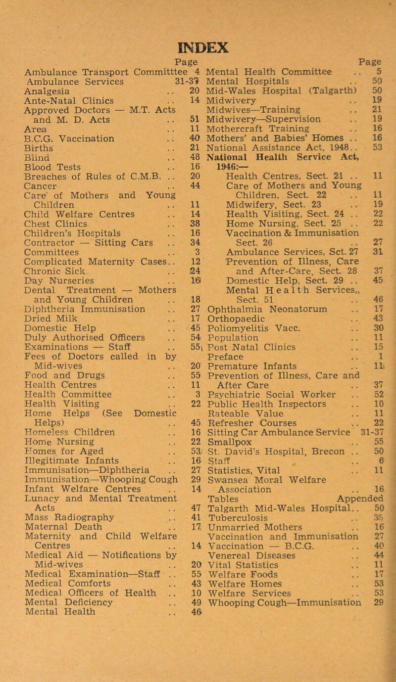 INDEX Page Ambulance Transport Committtee 4 Ambulance Services 31-3? Analgesia .. 20 Ante-Natal Clinics . . 14 Approved Doctors — M.T. Acts and M. D. Acts .. 51 Area .. 11 B.C.G. Vaccination .. 40 Births .. 21 Blind .. 48 Blood Tests .. 16 Breaches of Rules of C.M.B. .. 20 Cancer .. 44 Care of Mothers and Young Children .. 11 Child Welfare Centres .. 14 Chest Clinics .. 38 Children’s Hospitals .. 16 Contractor — Sitting Cars .. 34 Committees ,. 3 Complicated Maternity Cases.. 12 Chronic Sick .. 24 Day Nurseries .. 161 Dental Treatment — Mothers and Young Children .. 18 Diphtheria Immunisation .. 27 Dried Milk .. 17 Domestic Help .. 45 Duly Authorised Officers .. 54 Examinations — Staff .. 55t Fees of Doctors called in by Mid-wives .. 20 Food and Drugs .. 55 Health Centres .. 11 Health Committee .. 3 Health Visiting .. 22 Home Helps (See Domestic Helps) .. 45 Homeless Children .. 16 Home Nursing .. 22 Homes for Aged .. 53. Illegitimate Infants .. 16 Immunisation—Diphtheria .. 27 Immunisation—Whooping Cough 29 Infant Welfare Centres .. 14 Lunacy and Mental Treatment Acts .. 47 Mass Radiography .. 41 Maternal Death .. 17- Maternity and Child Welfare Centres .. 14 Medical Aid — Notifications by Mid-wives .. 20 Medical Examination—Staff .. 55 Medical Comforts .. 43 Medical Officers of Health .. 10 Mental Deficiency .. 49 Mental Health .. 46 Page Mental Health Committee .. 5 Mental Hospitals .. 50 Mid-Wales Hospital (Talgarth) 50 Midwivery .. 19 Midwives—Training .. 21 Midwivery—Supervision .. 19 Mothercraft Training .. 16 Mothers’ and Babies’ Homes .. 16 National Assistance Act, 1948.. 53 National Health Service Act, 1946:— Health Centres, Sect. 21 .. 11 Care of Mothers and Young Children, Sect. 22 .. 11 Midwifery, Sect. 23 19 Health Visiting. Sect. 24 .. 22 Home Nursing, Sect. 25 .. 22 Vaccination & Immunisation Sect. 26 .. 27 Ambulance Services, Set. 27 31 Prevention of Illness, Care and After-Care, Sect. 28 37 Domestic Help, Sect. 29 .. 45 Mental Health Services,, Sect. 51 ..46 Ophthalmia Neonatorum .. 17 Orthopaedic .. 43 Poliomyelitis Vacc. .. 30 Population .. 11 Post Natal Clinics .. 15 Preface .. 1 Premature Infants .. Hi Prevention of Illness, Care and After Care .. 37 Psychiatric Social Worker .. 52 Public Health Inspectors .. 10 Rateable Value .. 11 Refresher Courses .. 22 Sitting Car Ambulance Service 31-37 Smallpox .. 55 St. David’s Hospital, Brecon .. 50 Staff .. 6 Statistics, Vital .. 11 Swansea Moral Welfare Association .. 16 Tables Appended Talgarth Mid-Wales Hospital.. 50 Tuberculosis .. 35 Unmarried Mothers .. 16 Vaccination and Immunisation 27 Vaccination — B.C.G. .. 40 Venereal Diseases .. 44 Vital Statistics .. 11 Welfare Foods .. 17 Welfare Homes .. 53 Welfare Services .. 53 Whooping Cough—Immunisation 29