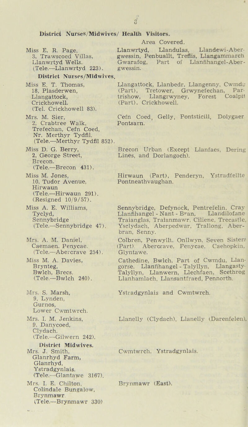 District Nurses/Midwives/ Health Visitors. Area Covered. Miss E. R. Page, 3, Trawscoed Villas, Llanwrtyd Wells. Llanwrtyd, Llandulas, Llandewi-Aber- gwessin, Penbuallt, Treflis, Llangammarch Gwarafog, Part of Llanfihangel-Aber- (Tele.—Llanwrtyd 223). gwessin. District Nurses/Midwives, Miss E. T. Thomas, Llangattock, Llanbedr. Llangenny, Cwmdu 18, Plasderwen, Llangattock, Crickhowell. (Tel. Crickhowell 83). (Part), Tretower, Grwynefechan, Par- trishow, Llangrwyney, Forest Coalpil (Part). Crickhowell. Mrs. M. Sier, 2, Crabtree Walk, Trefechan, Cefn Coed, Nr. Merthyr Tydfil. Cefn Coed, Geliy, Pontsticill, Dolygaer Pontsarn. (Tele.—Merthyr Tydfil 852) Miss D. G. Berry, 2, George Street, Brecon. (Tele.—Brecon 431). Brecon Urban (Except Llanfaes, Dering Lines, and Dorlangoch). Miss M. Jones, 10, Tudor Avenue, Hirwaun (Tele.—Hirwaun 291). (Resigned 10/9/57). Hirwaun (Part), Penderyn. Ystradf elite Pontneathvaughan. Miss A. E. Williams, Tyclyd, Sennybridge (Tele.—Sennybridge 47). Mrs. A. M. Daniel, Caemaen, Penycae. (Tele.—Abercrave 254). Miss M. A. Davies, Brynteg, Bwlch, Brecs. (Tele.—Bwlch 240). Sennybridge, Defynock, Pentrefelin. Cray Llanfihangel - Nant - B>-an, Llandilofane Traianglas, Traianmawr. Ciliene. Trecastle. Ysclydach, Aberpedwar. Trallong. Aber- bran, Senny. Colbren, Penwyllt. Onllwvn. Seven Sisters (Part) Abercrave. Penycae. Caehopkin. Glyntawe. Cathedine, Bwlch, Part of Cwmdu, Llan- gorse. Llanfihangel - Talyllyn, Llangasty- Talyllyn, Llanwern, Llechfaen, Scethrog Llanhamlach, Llansantfraed. Pennorth. Mrs. S. Marsh, 9. Lynden, Gurnos, Lower Cwmtwrch. Ystradgynlais and Cwmtwrch. Mrs. I. M. Jenkins, 9, Danycoed, Clydach. (Tele.—Gilwern 242). Llanelly (Clydach), Llanelly (Darenfelen). District Midwives. Mrs. J. Smith, Glanrhyd Farm, Glanrhyd, Ystradgynlais. (Tele.—Glanta\vc 3167). Cwmtwrch, Ystradgynlais. Mrs. I. E. Chilton. Colindale Bungalow. Brynmawr (Tele.—Brynmawr 330) Brynmawr (East).