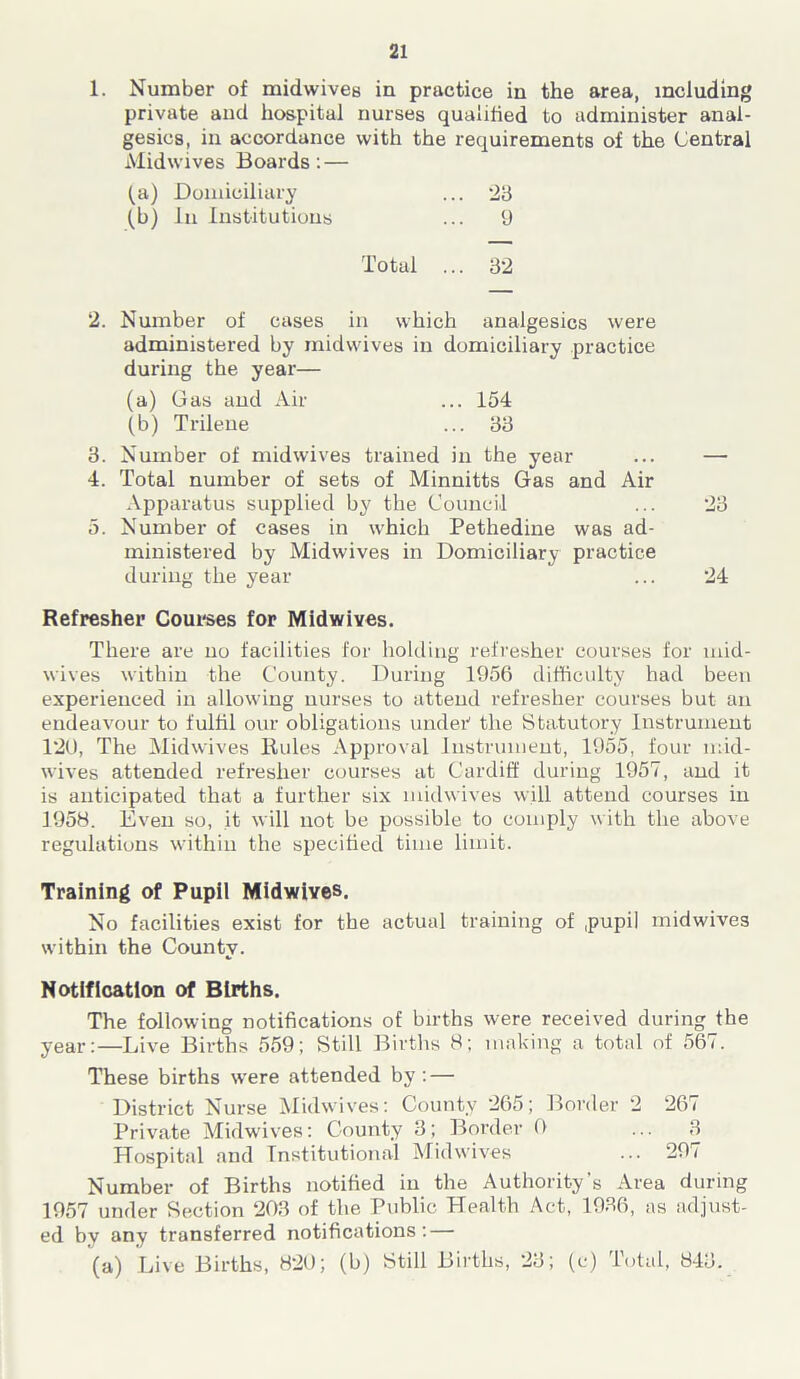 1. Number of midwives in practice in the area, including private and hospital nurses qualified to administer anal- gesics, in accordance with the requirements of the Central Midwives Boards: — (a) Domiciliary ... *23 lb) In Institutions ... 9 Total ... 32 2. Number of cases in which analgesics were administered by midwives in domiciliary practice during the year— (a) Gas and Air ... 154 (b) Trilene ... 33 3. Number of midwives trained in the year ... — 4. Total number of sets of Minnitts Gas and Air Apparatus supplied by the Council ... 23 5. Number of cases in which Pethedine was ad- ministered by Midwives in Domiciliary practice during the year ... 24 Refresher Courses for Midwives. There are no facilities for holding refresher courses for mid- wives within the County. During 1956 difficulty had been experienced in allowing nurses to attend refresher courses but an endeavour to fulfil our obligations under1 the Statutory Instrument 120, The Midwives Rules Approval Instrument, 1955, four mid- wives attended refresher courses at Cardiff during 1957, and it is anticipated that a further six midwives will attend courses in 1958. Even so, it will not be possible to comply with the above regulations within the specified time limit. Training of Pupil Midwives. No facilities exist for the actual training of ,pupil midwives within the County. Notification of Births. The following notifications of births were received during the year:—Live Births 559; Still Births 8; making a total of 567. These births were attended by : — District Nurse Midwives: County 265; Border 2 267 Private Midwives: County 3; Border 0 ... 3 Hospital and Institutional Midwives ... 297 Number of Births notified in the Authority's Area during 1957 under Section 203 of the Public Health Act, 1936, as adjust- ed by any transferred notifications: — (a) Live Births, 820; (b) Still Births, 23; (c) Total, 843.