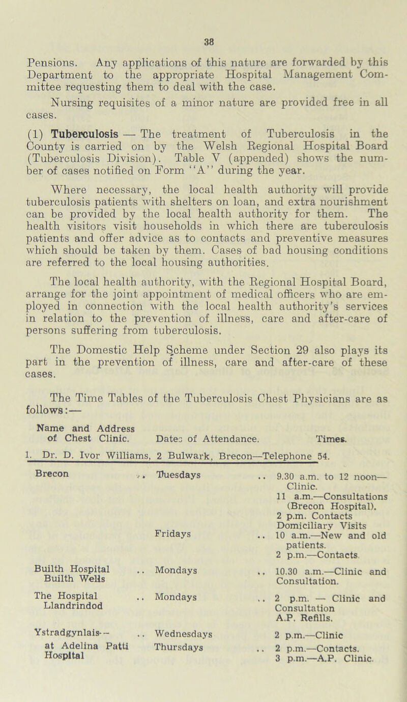 Pensions. Any applications of this nature are forwarded by this Department to the appropriate Hospital Management Com- mittee requesting them to deal with the case. Nursing requisites of a minor nature are provided free in all cases. (1) Tuberculosis — The treatment of Tuberculosis in the County is carried on by the Welsh Regional Hospital Board (Tuberculosis Division). Table Y (appended) shows the num- ber of cases notified on Form “A” during the year. Where necessary, the local health authority will provide tuberculosis patients with shelters on loan, and extra nourishment can be provided by the local health authority for them. The health visitors visit households in which there are tuberculosis patients and offer advice as to contacts and preventive measures which should be taken by them. Cases of bad housing conditions are referred to the local housing authorities. The local health authority, with the Regional Hospital Board, arrange for the joint appointment of medical officers who are em- ployed in connection with the local health authority’s services in relation to the prevention of illness, care and after-care of persons suffering from tuberculosis. The Domestic Help Scheme under Section 29 also plays its part in the prevention of illness, care and after-care of these cases. The Time Tables of the Tuberculosis Chest Physicians are as follows:— Name and Address of Chest Clinic. Dates of Attendance. Times. 1. Dr. D. Ivor Williams, 2 Bulwark, Brecon—Telephone 54. Brecon '• Tuesdays .. 9.30 a.m. to 12 noon— Clinic. 11 a.m.—Consultations (Brecon Hospital). 2 p.m. Contacts Fridays Domiciliary Visits .. 10 a.m.—New and old patients. 2 p.m.—Contacts. Builth Hospital Builth Wells . Mondays .. 10.30 a.m.—Clinic and Consultation. The Hospital Llandrindod . Mondays ,. 2 p.m. — Clinic and Consultation A.P. Refills. Ystradgynlais--- . Wednesdays 2 p.m.—Clinic at Adelina Patti Hospital Thursdays .. 2 p.m.—Contacts. 3 p.m.—A.P. Clinic.