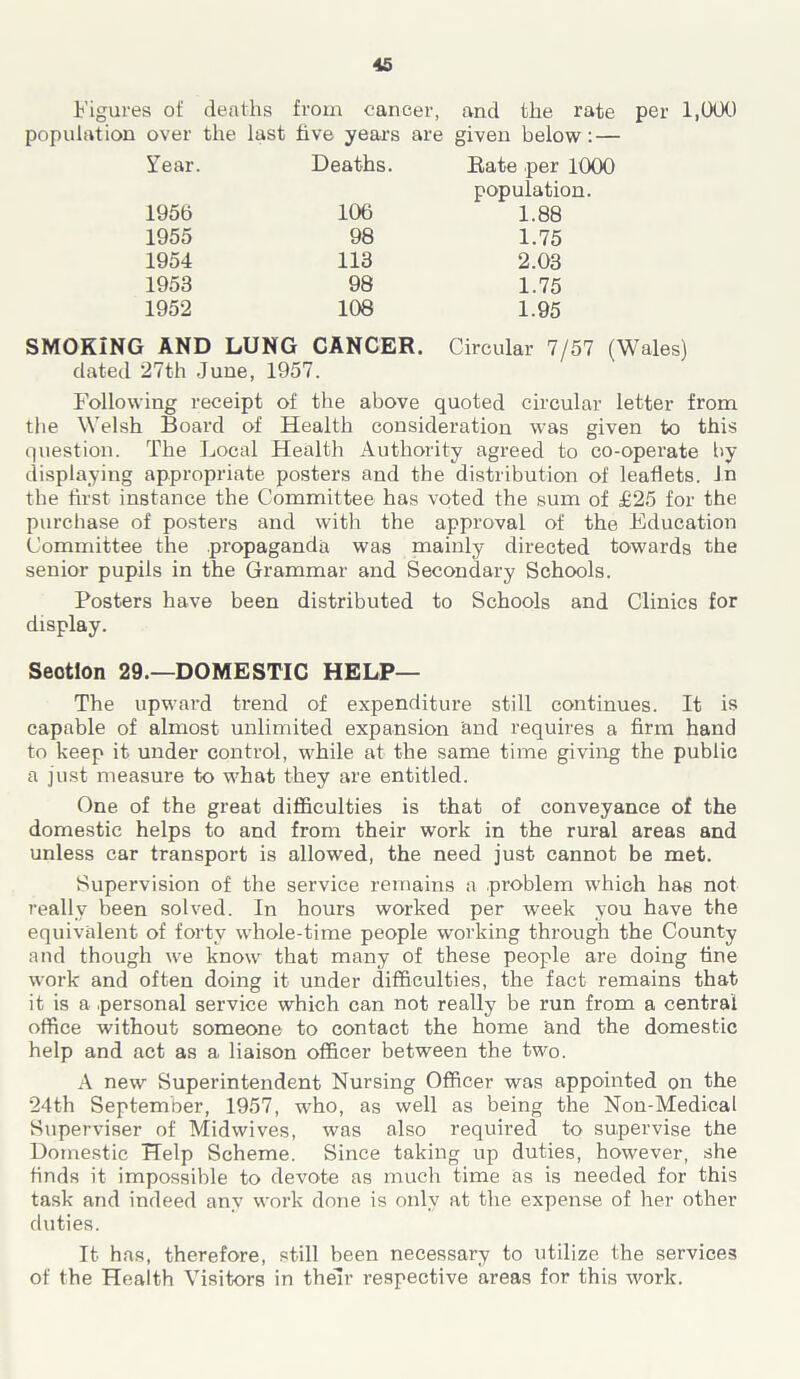 Figures ot' deaths from cancer, and the rate per 1,000 population over the last five years are given below: — Year. Deaths. Bate per 1000 population. 195b 106 1.88 1955 98 1.75 1954 113 2.03 1953 98 1.75 1952 108 1.95 SMOKING AND LUNG CANCER. dated 27th June, 1957. Circular 7/57 (Wales) Following receipt of the above quoted circular letter from the Welsh Board of Health consideration was given to this question. The Local Health Authority agreed to co-operate by displaying appropriate posters and the distribution of leaflets. In the first instance the Committee has voted the sum of £25 for the purchase of posters and with the approval of the Education Committee the propaganda was mainly directed towards the senior pupils in the Grammar and Secondary Schools. Posters have been distributed to Schools and Clinics for display. Seotlon 29.—DOMESTIC HELP— The upward trend of expenditure still continues. It is capable of almost unlimited expansion and requires a firm hand to keep it under control, while at the same time giving the public a just measure to what they are entitled. One of the great difficulties is that of conveyance of the domestic helps to and from their work in the rural areas and unless car transport is allowed, the need just cannot be met. Supervision of the service remains a problem which has not really been solved. In hours worked per week you have the equivalent of forty whole-time people working through the County and though we know that many of these people are doing tine work and often doing it under difficulties, the fact remains that it is a .personal service which can not really be run from a central office without someone to contact the home and the domestic help and act as a liaison officer between the two. A new Superintendent Nursing Officer was appointed on the 24th September, 1957, -who, as well as being the Non-Medical Supervise!- of Midwives, was also required to supervise the Domestic Help Scheme. Since taking up duties, however, she finds it impossible to devote as much time as is needed for this task and indeed any work done is only at the expense of her other duties. It has, therefore, still been necessary to utilize the services of the Health Visitors in their respective areas for this work.