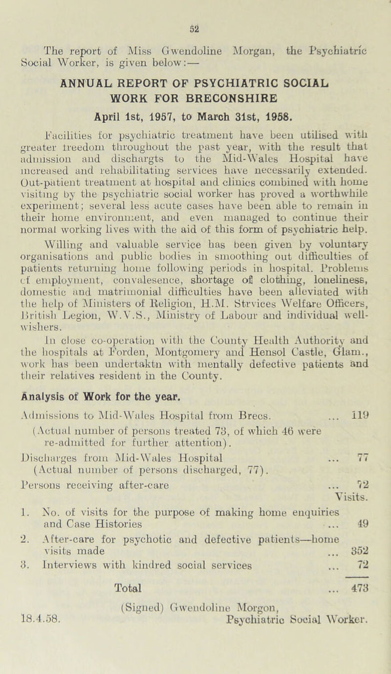 The report of Miss Gwendoline Morgan, the Psychiatric Social Worker, is given below:— ANNUAL REPORT OF PSYCHIATRIC SOCIAL WORK FOR BRECONSHIRE April 1st, 1957, to March 31st, 1958. Facilities for psychiatric treatment have been utilised with greater ireedom throughout the past year, with the result that admission and dischargts to the Mid-Wales Hospital have increased and rehabilitating services have necessarily extended. Out-patient treatment at hospital and clinics combined with home visiting by the psychiatric social worker has proved a worthwhile experiment; several less acute cases have been able to remain in their home environment, and even managed to continue their normal working lives with the aid of this form of psychiatric help. Willing and valuable service has been given by voluntary- organisations and public bodies in smoothing out difficulties of patients returning home following periods in hospital. Problems cf employment, couvalesence, shortage oil clothing, loneliness, domestic and matrimonial difficulties have been alleviated with the help of Ministers of Religion, 1P.M. Strvices Welfare Officers, British Legion, W.Y.S., Ministry of Labour and individual well- wishers. In close co-operation with the County Health Authority and the hospitals at Forden, Montgomery and Hensol Castle, Glam., work has been undertaktn with mentally defective patients and their relatives resident in the County. Analysis of Work for the year. Admissions to Mid-Wales Hospital from Brecs. ... 119 (Actual number of persons treated 73, of which 46 were re-admitted for further attention). Discharges from Mid-Wales Hospital ... 77 (Actual number of persons discharged, 77). Persons receiving after-care ... 72 Visits. 1. No. of visits for the purpose of making home enquiries and Case Histories ... 49 2. After-care for psychotic and defective patients—home visits made ... 352 3. Interviews with kindred social services ... 72 Total ... 473 (Signed) Gwendoline Morgon, Psychiatric Social Worker. 18.4.58.