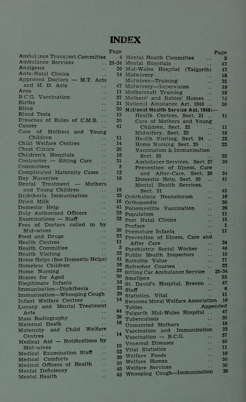 INDEX Ambulance Transport Committee Ambulance Services Analgesia Ante-Natal Clinics Approved Doctors — M.T. Acts and M. D. Acts Area B C.G. Vaccination Births Blind Blood Tests Breaches of Rules of C.M.B. .. Cancer Care of Mothers and Young Children Child Welfare Centres Chest Clinics Children's Hospitals Contractor — Sitting Cars Committees Complicated Maternity Cases .. Day Nurseries Dental Treatment — Mothers and Young Children Diphtheria Immunisation Dried Milk Domestic Help Duly Authorised Officers Examinations — Staff Fees of Doctors called in by Mid-wives Food and Drugs Health Centres Health Committee Health Visiting Home Helps (See Domestic Helps) Homeless Children Home Nursing Homes for Aged Illegitimate Infants Immunisation—Diphtheria Immunisation—Whooping Cough Infant Welfare Centres Lunacy and Mental Treatment Acts Mass Radiography Maternal Death Maternity and Child Welfare Centres Medical Aid — Notifications by Mid-wives Medical Examination Staff Medical Comforts Medical Officers of Health Mental Deficiency Mental Health Page 4 23-34 20 14 47 11 37 21 50 15 20 41 11 14 36 16 31 3 12 16 18 25 16 41 52 52 20 53 11 3 22 41 16 22 50 16 23 29 14 44 39 16 14 19 52 39 10 45 43 Page Mental Health Committee .. 5 Mental Hospitals .. 47 Mid-Wales Hospital (Talgarth) 47 Midwivery .. is Midwives—Training .. 21 Midwivery—Supervision .. 19 Mothercraft Training .. 16 Mothers’ and Babies' Homes .. 13 National Assistance Act, 1948 .. 50 National Health Service Act, 1946:— Health Centres. Sect. 21 .. 11 Care of Mothers and Young Children, Sect. 22 .. 11 Midwifery, Sect. 23 ..18 Health Visiting, Sect. 24 .. 22 Home Nursing. Sect. 25 .. 22 Vaccination & Immunisation Sect. 26 ..23 Ambulance Services, Sect. 27 28 Prevention of Illness, Care and After-Care, Sect. 28 34 Domestic Help, Sect. 29 .. 41 Mental Health Services, Sect. 51 ..43 Onhthalmia Neonatorum .. 16 Orthopaedic .. 39 Poliomyelitis Vaccination .. 26 Population .. 11 Post Natal Clinics .. 15 Preface .. 1 Premature Infants .. 11 Prevention of Illness, Care and After Care .. 34 Psychiatric Social Worker .. 48 Public Health Inspectors .. 10 Rateable Value .. 11 Refresher Courses .. 22 Sitting Car Ambulance Service 28-34 Smallpox • • 52 St. David's Hospital, Brecon .. 47 Staff • • 6 Statistics, Vital •• H Swansea Moral Welfare Association 16 Tables Talgarth Mid-Wales Hospital Tuberculosis Unmarried Mothers Vaccination and Immunisation Vaccination — B.C.G. Venereal Diseases Vital Statistics Welfare Foods Welfare Homes Welfare Services Whooping Cough—Immunisation Appended 47 35 16 23 37 40 11 16 50 50 26