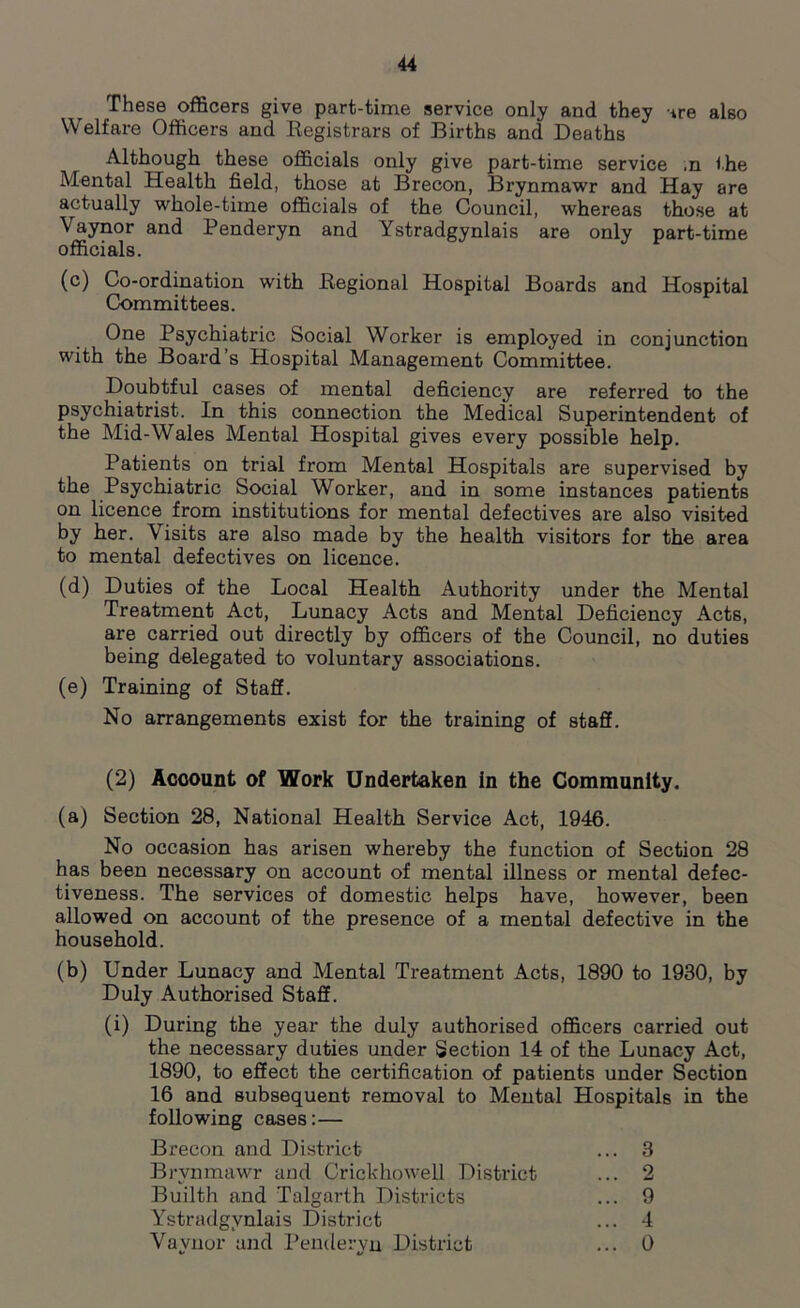 These officers give part-time service only and they ire also Welfare Officers and Registrars of Births and Deaths Although these officials only give part-time service .n ihe Mental Health field, those at Brecon, Brynmawr and Hay are actually whole-time officials of the Council, whereas those at Vaynor and Penderyn and Ystradgynlais are only part-time officials. (c) Co-ordination with Regional Hospital Boards and Hospital Committees. One Psychiatric Social Worker is employed in conjunction with the Board’s Hospital Management Committee. Doubtful cases of mental deficiency are referred to the psychiatrist. In this connection the Medical Superintendent of the Mid-Wales Mental Hospital gives every possible help. Patients on trial from Mental Hospitals are supervised by the Psychiatric Social Worker, and in some instances patients on licence from institutions for mental defectives are also visited by her. Visits are also made by the health visitors for the area to mental defectives on licence. (d) Duties of the Local Health Authority under the Mental Treatment Act, Lunacy Acts and Mental Deficiency Acts, are carried out directly by officers of the Council, no duties being delegated to voluntary associations. (e) Training of Staff. No arrangements exist for the training of staff. (2) Acoount of Work Undertaken in the Community. (a) Section 28, National Health Service Act, 1946. No occasion has arisen whereby the function of Section 28 has been necessary on account of mental illness or mental defec- tiveness. The services of domestic helps have, however, been allowed on account of the presence of a mental defective in the household. (b) Under Lunacy and Mental Treatment Acts, 1890 to 1930, by Duly Authorised Staff. (i) During the year the duly authorised officers carried out the necessary duties under Section 14 of the Lunacy Act, 1890, to effect the certification of patients under Section 16 and subsequent removal to Mental Hospitals in the following cases:— Brecon and District ... 3 Brynmawr and Crickhowell District ... 2 Builth and Talgarth Districts ... 9 Ystradgynlais District ... 4 Vaynor and Penderyn District ... 0