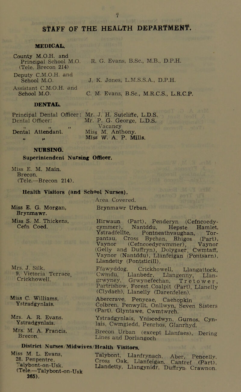 STAFF OF THE HEALTH DEPARTMENT. MEDICAL. County M.O.H. and Principal School M.O. R. G. Evans, B.Sc., M.B., D.P.H. (Tele. Brecon 214) Deputy C.M.O.H. and School M.O. J. K. Jones, L.M.S.S.A., D.P.H. Assistant C.M.O.H. and School M.O. C. M. Evans, B.Sc., M.R.C.S., L.R.C.P. DENTAL. Principal Dental Officer: Mr. J. H. Sutcliffe, L.D.S. Dental Officer: Mr. P. G. George, L.D.S. „ „ „ Vacancy Dental Attendant. Miss M. Anthony. „ „ Miss W. A. P. Mills. NURSING. Superintendent Nursing Officer. Miss E. M. Main. Brecon. (Tele.—Brecon 214). Health Visitors (and School Nurses). Area Covered. Miss E. G. Morgan, Brynmawr. Miss S. M. Thickens, Cefn Coed. Mrs. J. Silk, 9. Victoria Terrace, Crickhowell. Miss C. Williams, Ystradgynlais. Mrs. A. R. Evans. Ystradgynlais. Mrs. M. A. Francis, Brecon. Brynmawr Urban. Hirwaun (Part), Penderyn (Cefncoedy- cymmer), Nantddu, Hepste Hamlet, Ystradfellte, Pontneathvaughan, Tor- pantau, Cross Bychan, Rhigos (Part), Vaynor (Cefncoedycwmmer), Vaynor (Geliy and Duffryn), Dolygaer, Cwmtaff, Vaynor (Nantddu), Llanfeigan (Pontsarn), Llandetty (Pontsticill). Ffawyddog. Crickhowell, Llangattock, Cwmdu, Llanbedr, Llangenny, Llan- grwyney, Grwynefechan, Tretower, Partrishow, Forest Coalpit (Part), Llanelly (Clydach), Llanelly (Darenfelen). Abercrave, Penycae, Caehopkin Colbren, Penwyllt, Onllwyn, Seven Sisters (Part). Glyntawe, Cwmtwrch. Ystradgynlais, Yniscedwyn, Gurnos, Cyn- lais, Cwmgiedd, Penrhos, Glanrhyd. Brecon Urban (except Llanfaes), Dering Lines and Dorlangoch District Nurses Midwives/Health Visitors. Miss M. L. Evans, 28, Penpentre, Talybont-on-Usk. (Tele.—Talybont-on-Usk 265). Talybont, Llanfrynach, Aber, Pencellv. Cross Oak, Llanfeigan. Cantref (Part), Llandetty, Llangynidr. Duffryn Crawnon.